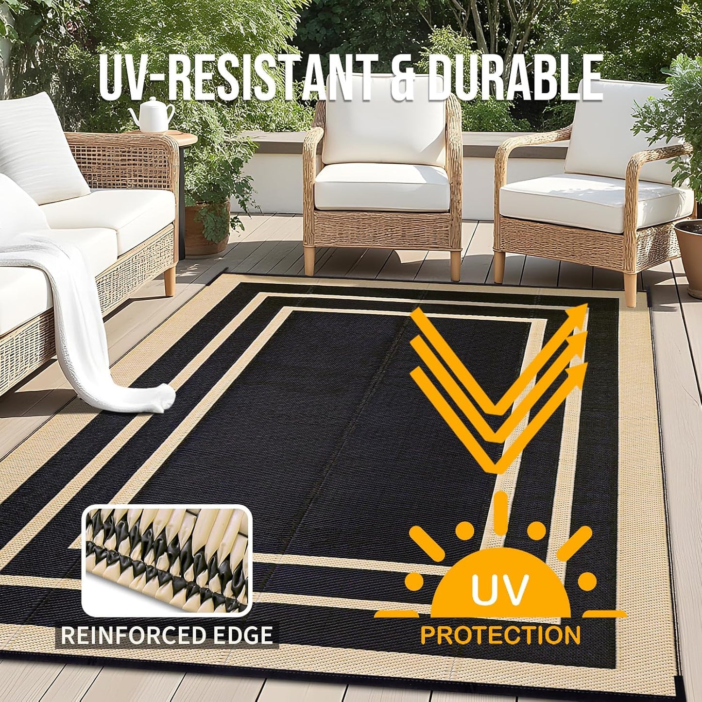 OLANLY Outdoor Rug 8x10 ft Waterproof, Reversible Outdoor Plastic Straw Rug, RV Mat, Indoor Outdoor Carpet Clearance for Patio, Camping, Balcony, Deck, Backyard, Black & Beige