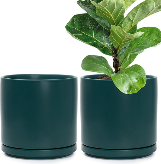D'vine Dev Set of 2 Plants Pots, 10 Inch Ceramic Planter Pot for Plants with Drainage Hole and Saucer, Teal, 94-V-E-9