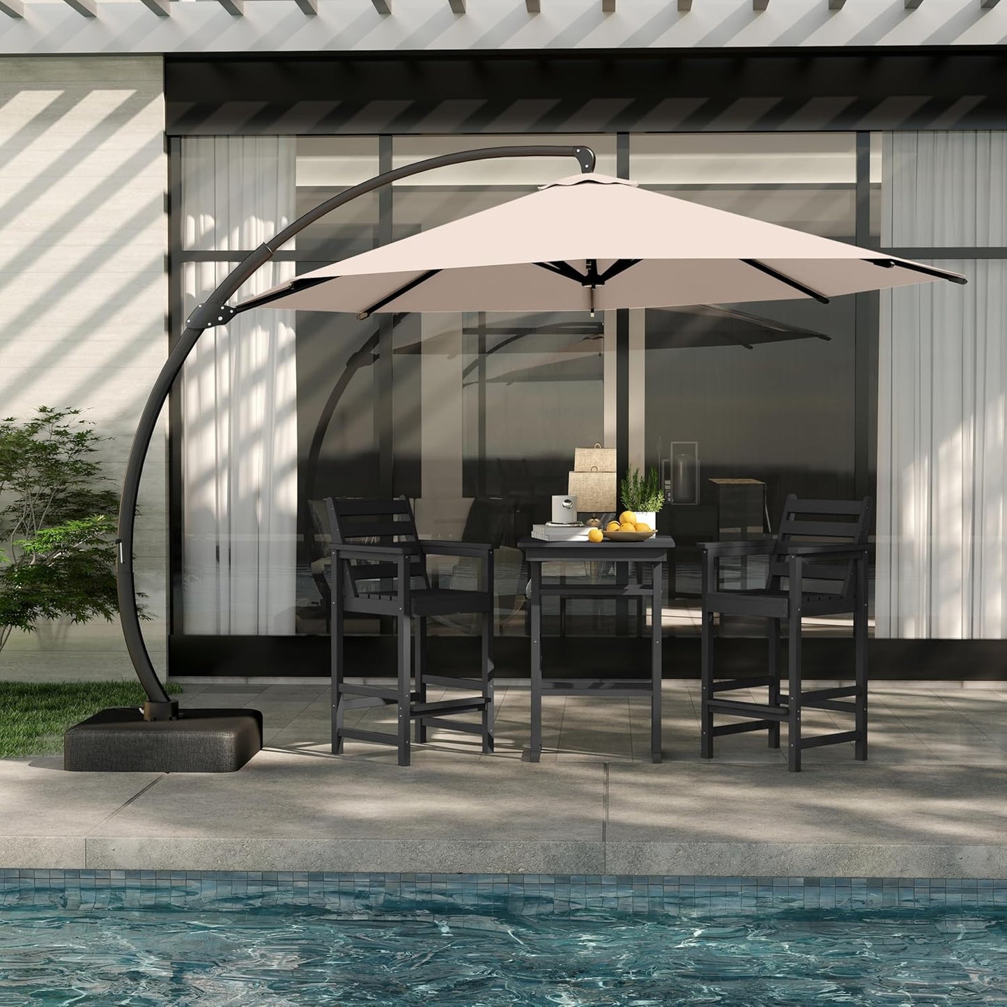 3-Piece Outdoor Bar Set with Beige 11FT Cantilever Umbrella, HDPE Tall Balcony Adirondack Chairs and Table, Outdoor Bar Stools for Patio (Black)