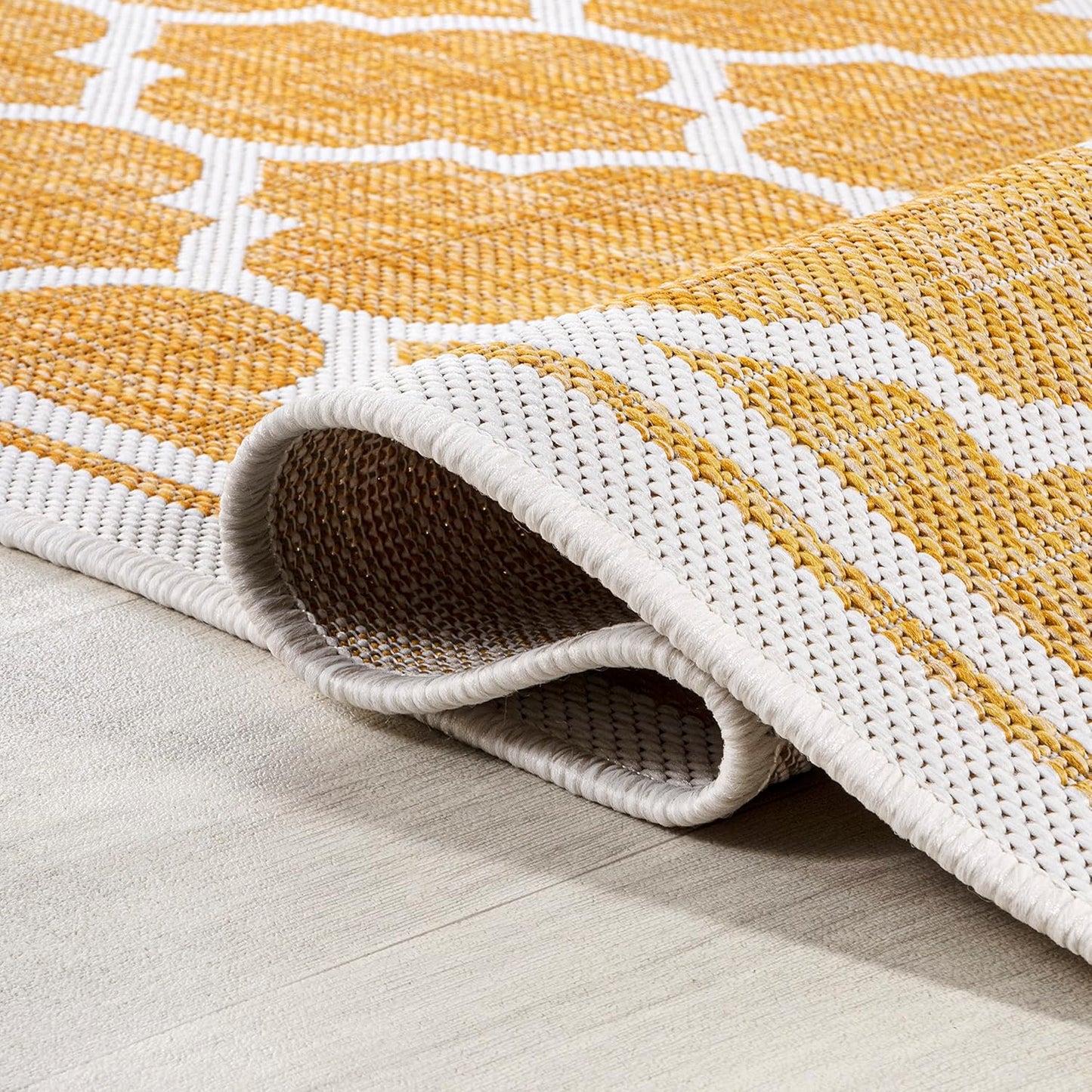 Eyely BMS109F-5SQ Santa Monica Trebol Moroccan Trellis Textured Weave Indoor/Outdoor Area Rug Coastal;Bohemian, Bedroom, Backyard, Patio, Easy-Cleaning, Non-Shedding, 5' Square, Yellow/Cream