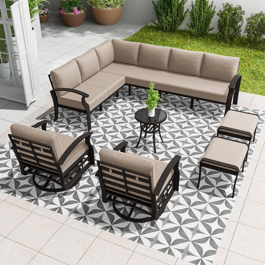 Aluminum Patio Furniture Set, 10 Seats Outdoor Patio Conversation Set with Swivel Chair Modern Metal Patio Sectional Sofa with Coffee Table for Patio, Backyard(Sand).