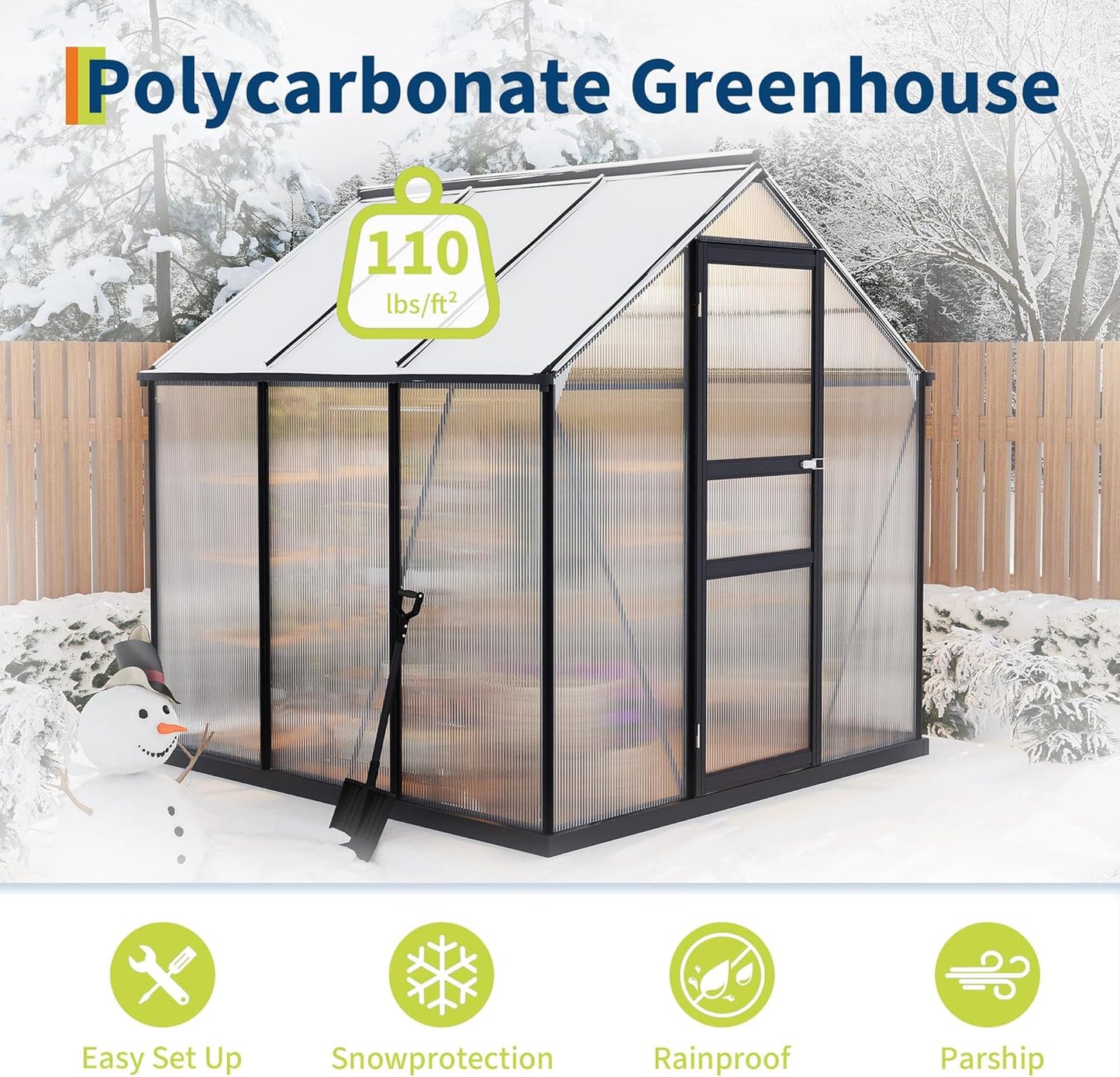 6*6 FT Outdoor Walk-in Greenhouse, Polycarbonate Green House, Heavy Duty Greenhouse with Vented Roof Window, Windproof Aluminum Frame, Suitable for Outside Gardening, Backyard, Patio