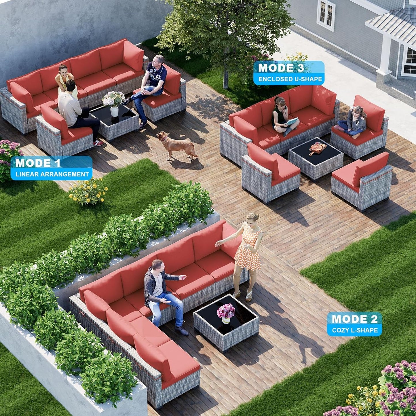 7-Piece Patio Furniture Set, Outdoor Sectional with Thick Cushions, Modular Patio Sofa, Dual-Strand Wicker Rattan, Rust-Resistant Frame, Backyard Furniture for Garden, Deck, Red