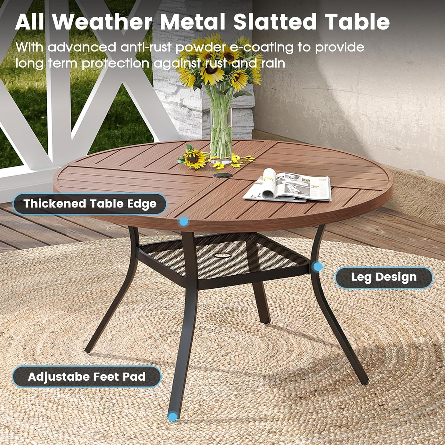 DIFY 40.6" Round Outdoor Patio Dining Table for 4, All-Weather Metal Steel Slatted Patio Table with 1.57" Adjustable Umbrella Hole, for Lawn Garden Porch Backyard, Walnut
