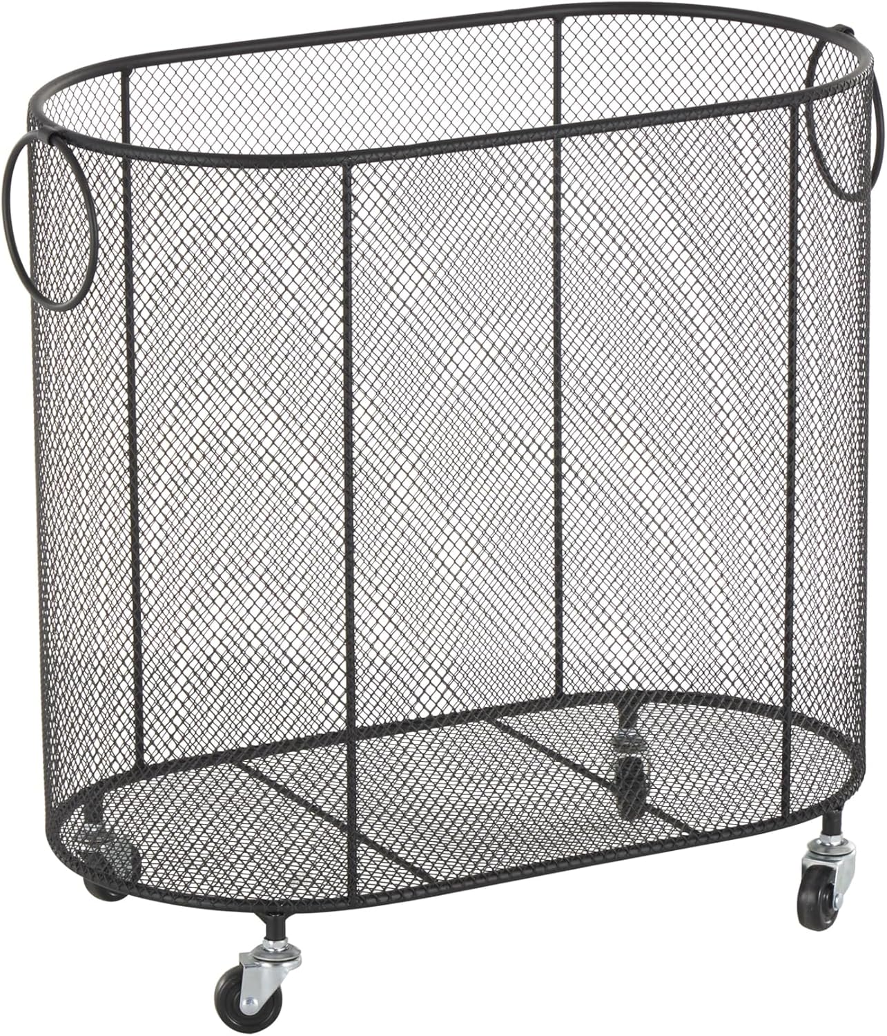 Deco 79 Metal Storage Cart Oval Mesh Wire Rolling Laundry with Ring Handles, 21" x 12" x 21", Black