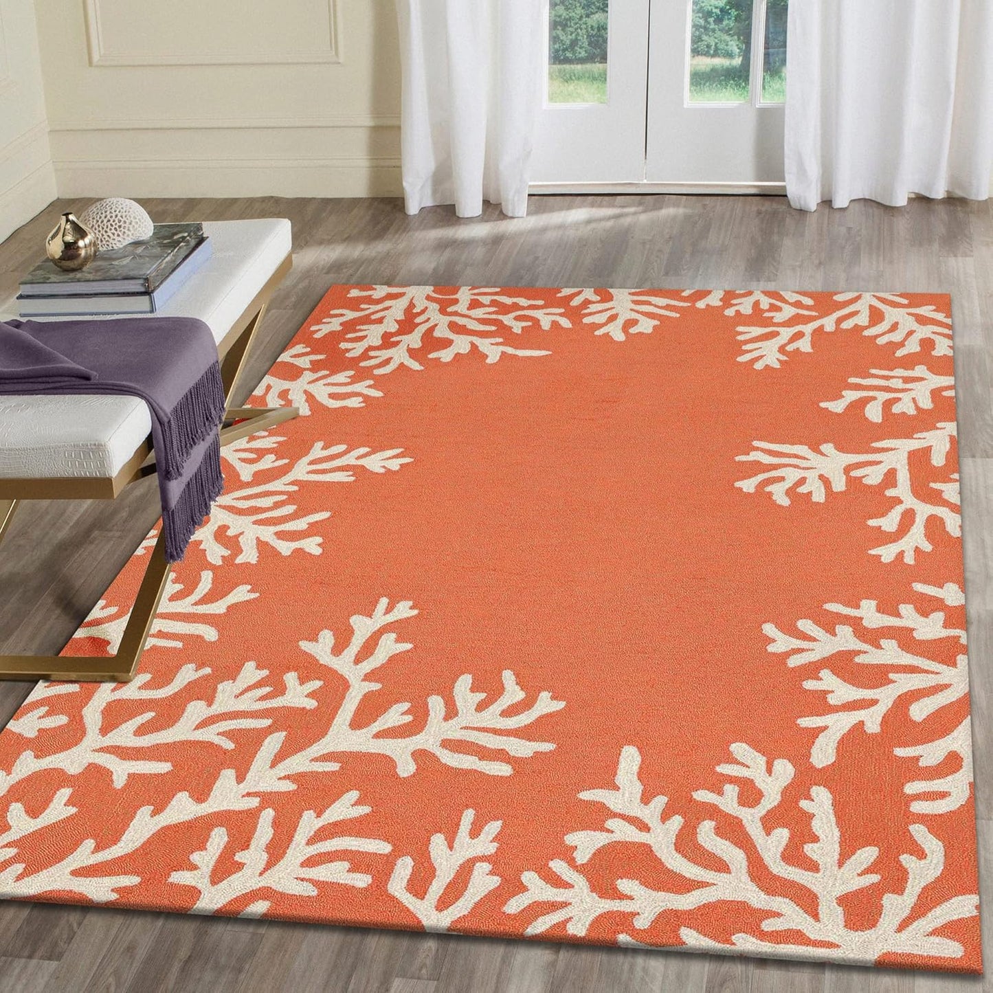 Liora Manne CAPRI Indoor/Outdoor Handmade Synthetic Blend Durable Area Rug - Traditional Border Coastal Beach Accent (Coral Border Coral) (8'3" x 11'6")