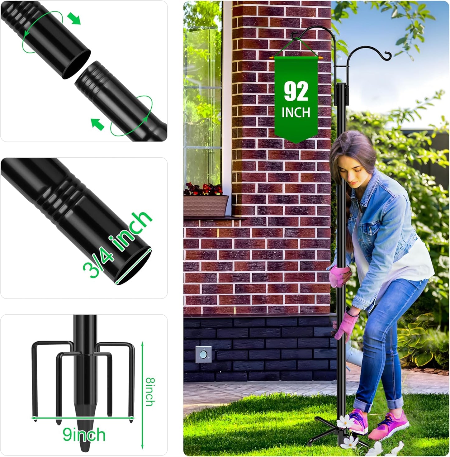 XDW-GIFTS Double Shepherds Hooks for Outdoor, 2-Pack Heavy Duty Garden Pole for Hanging Bird Feeder, Plant Baskets, Solar Light Lanterns, Garden Plant Hanger Stands with 5 Base Prongs