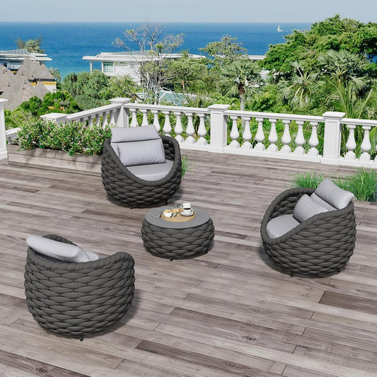 4 Pieces Courtyard Seating Set: Aluminum Woven Rope Patio Furniture Chair Set - All Weather Metal Outdoor Conversation Set - Assembled Armchair w/Table for Bistro Deck Porch Balcony Apartment