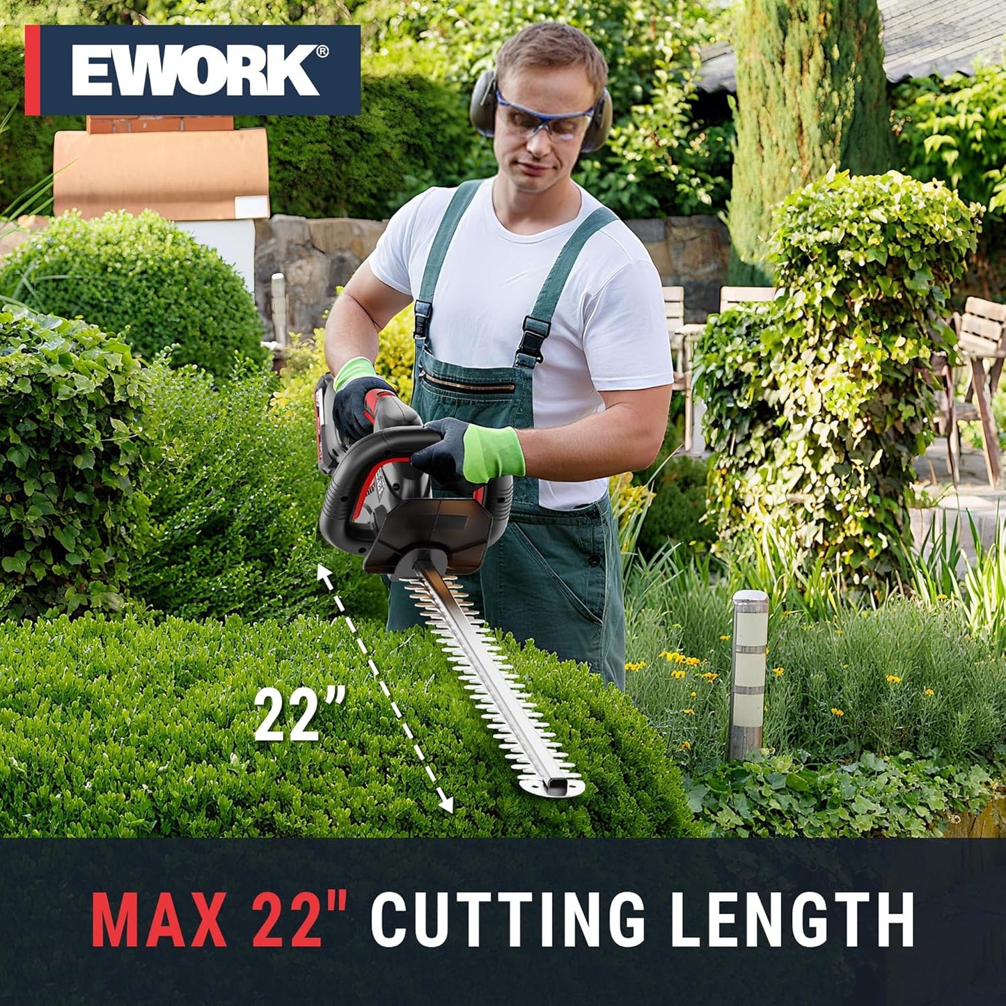 EWORK 20V 22-Inch Electric Hedge Trimmer Cordless 5/8" Cutting Capacity, Lightweight 4.3 Lbs, Battery Powered Bush Trimmer, Handheld Shrub Trimmers with Battery and Charger for Garden, Yard