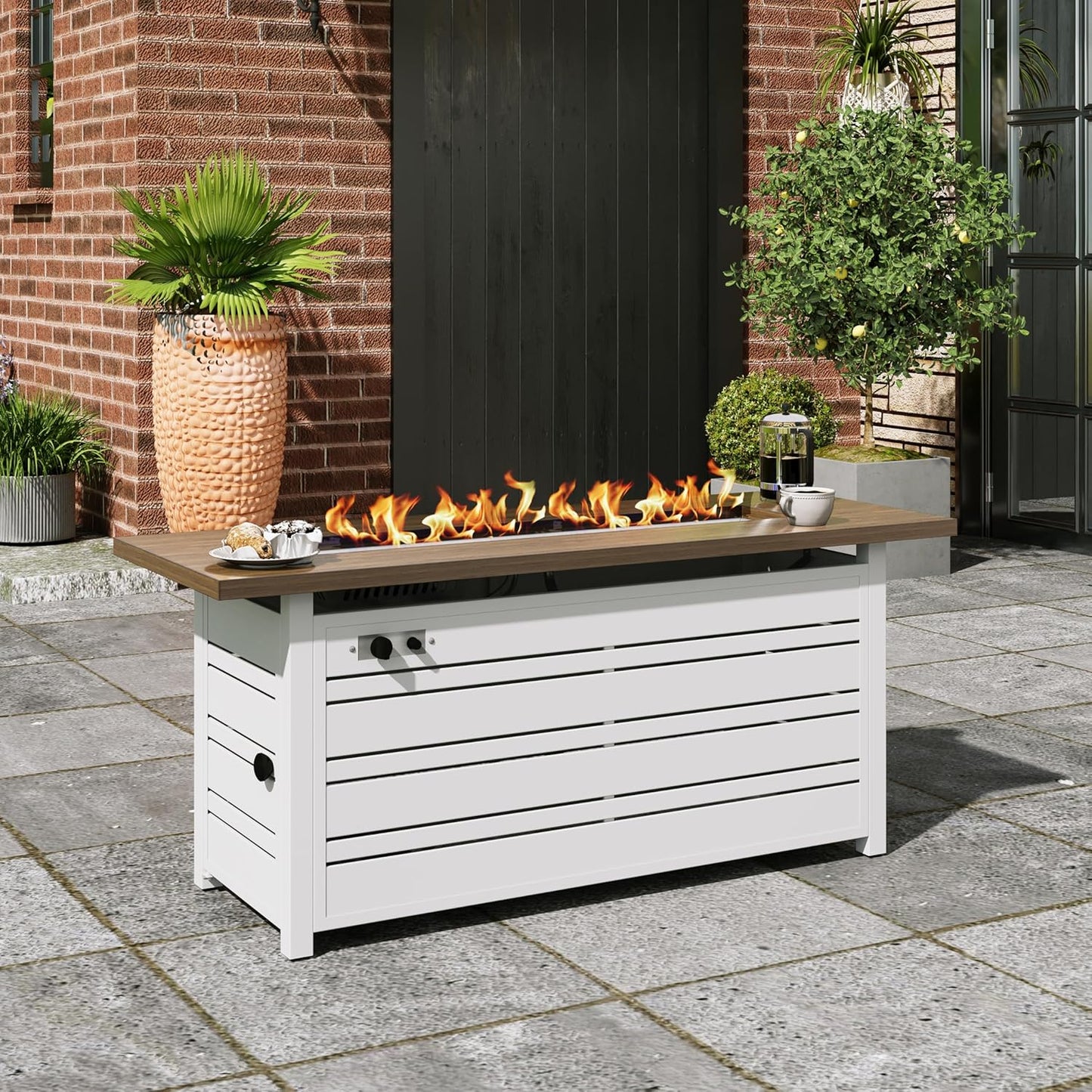 56 Inch Gas Fire Pit Table, 50,000 BTU Propane Pits for Outside with Removable Lid and Glass Fire Rocks, 2 in 1 Firepit Table Gatherings Parties on Patio Deck Garden Backyard, White