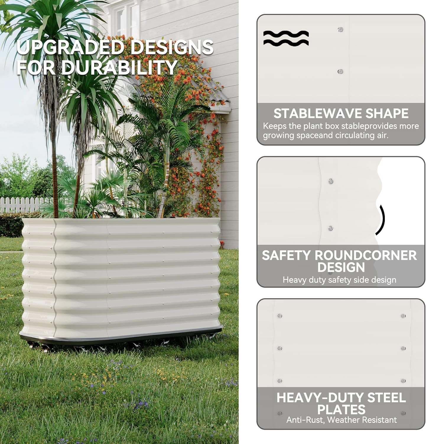 59x24x28in Galvanized Raised Garden Bed with Wheels & Water Reservoir – Durable Outdoor Planter Box, Elevated Raised Beds for Gardening, Portable Garden Box for Indoor/Outdoor Plants,White