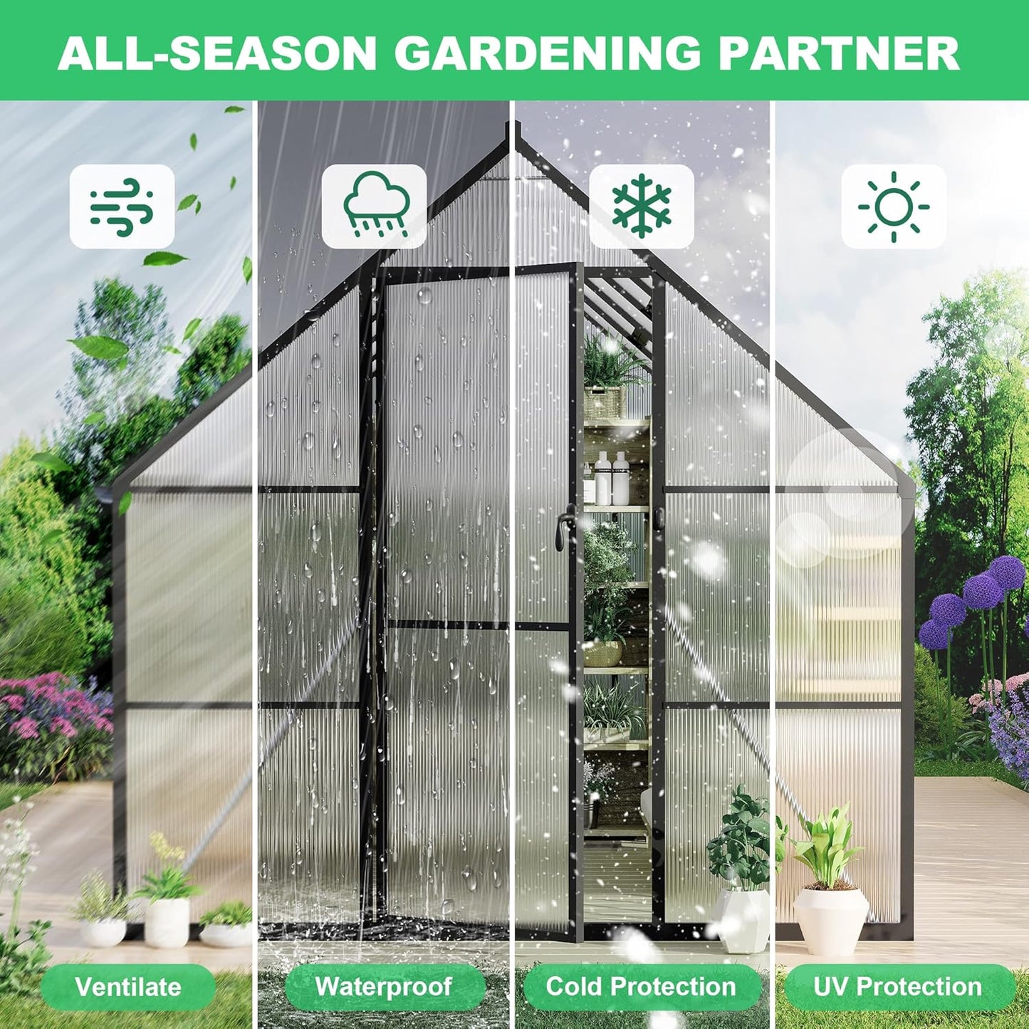 8'x14' Aluminum-Framed Polycarbonate Greenhouse, Heavy Duty Polycarbonate Greenhouse with Quick Setup Structure and Roof Vent, Large Enhanced Aluminum Green House Kit for Outdoors