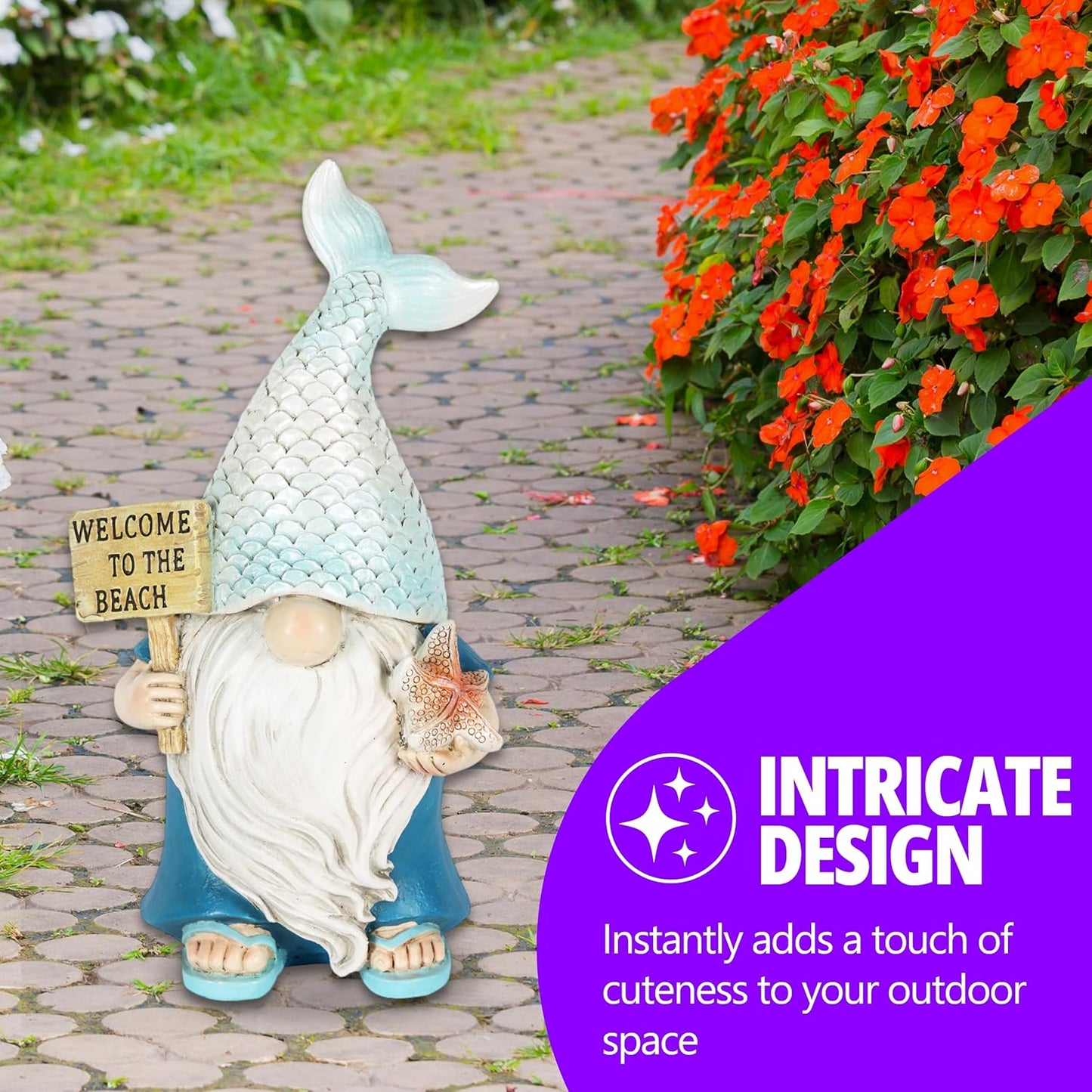 Exhart Mermaid Tail Hat Garden Gnome Statue with Welcome to The Beach Sign, 5 x 4 x 8.5 Inches