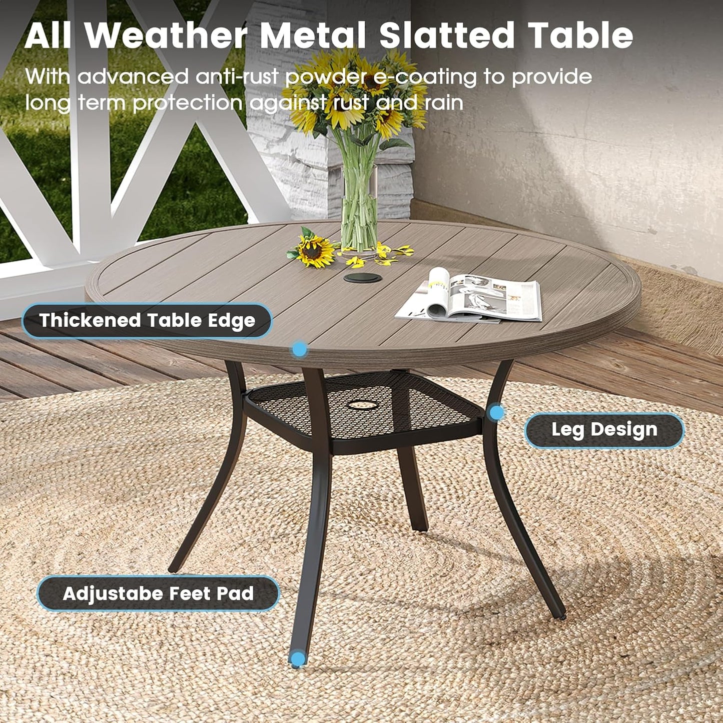 DIFY Outdoor Dining Table for 4, Round Patio Table with Umbrella Hole for Garden, Backyard and Porch (Grey)