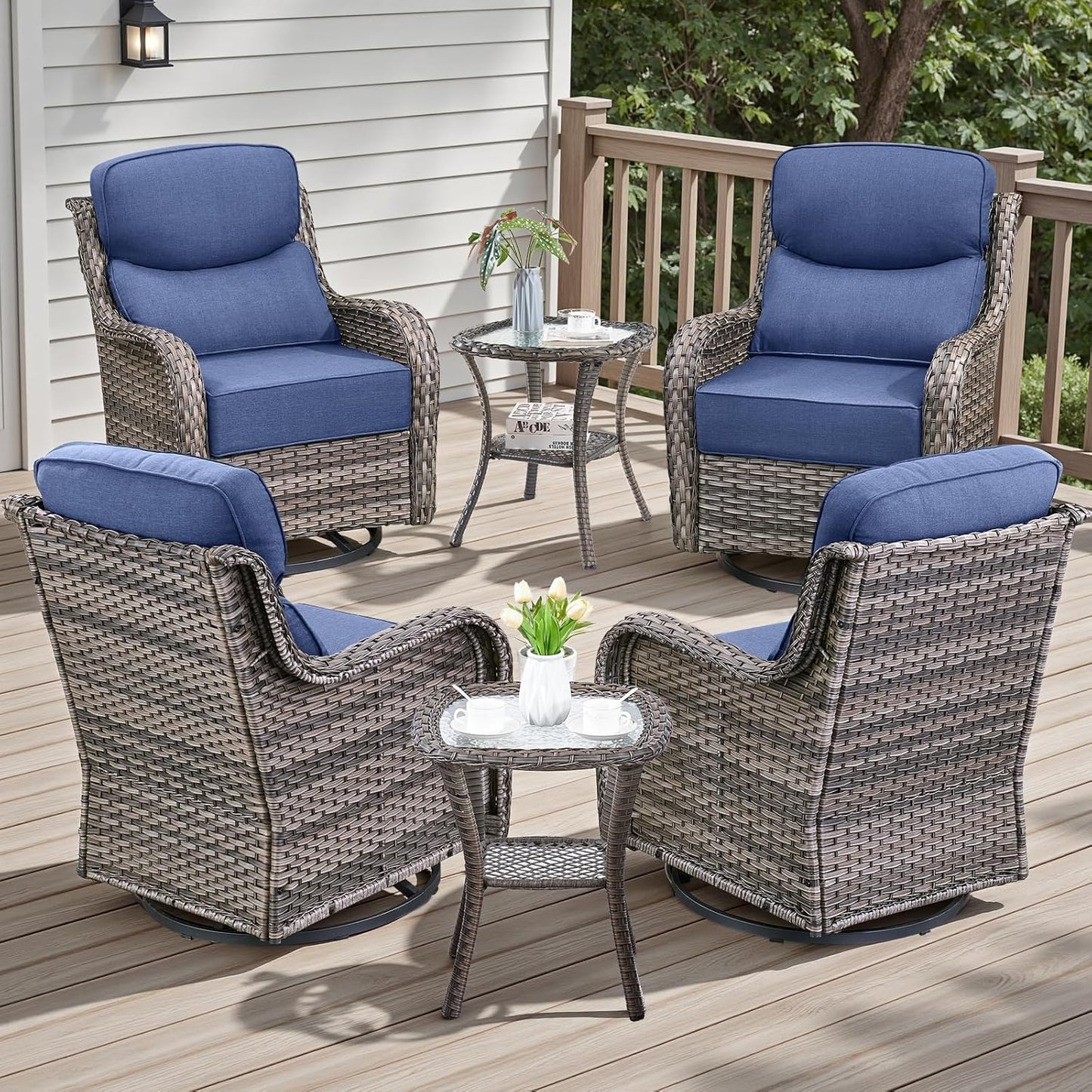6 Piece Outdoor Patio Swivel Rocker Chairs, Waterproof Wicker, High Back, Deep Seating, Wide Armrest, Upgraded 6 inch Thick Cushions, Side Table, Ideal for Deck Porch Yard, Mixed Grey/Blue