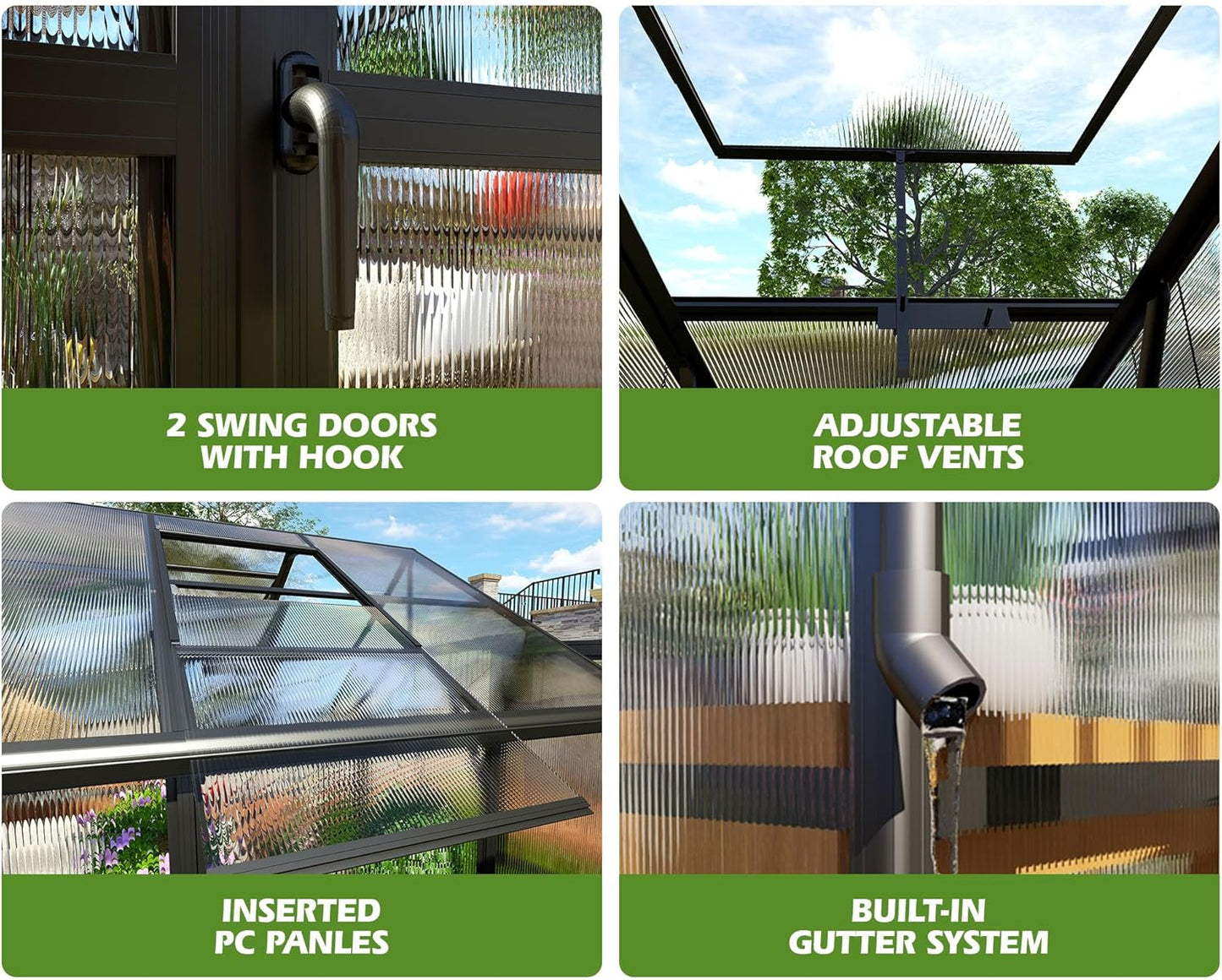 AMERLIFE 10x12 FT Heavy Duty Aluminum Greenhouse with 4 Roof Vents & Rain Gutter, Polycarbonate Greenhouse for Outdoor Garden Backyard, Black