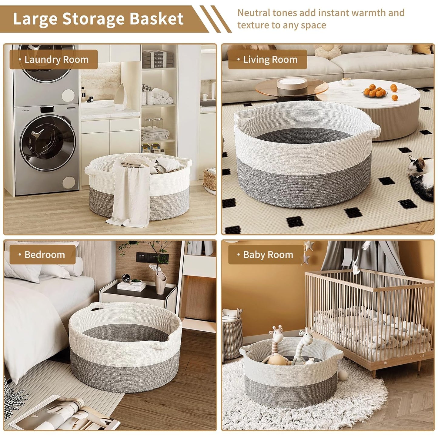 125L Extra Large Blanket Basket, 25" x 16", Jumbo Laundry Woven Basket Decorative Home, Cotton Rope Basket with Handles, Baby Toy Basket for Storage, White & Gray, 2PC