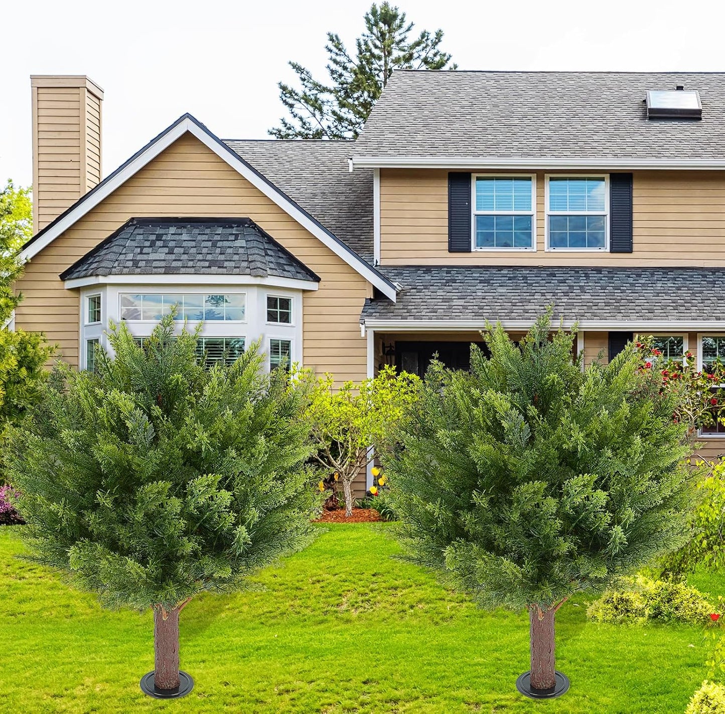 Artificial Cedar Shrub Ball Trees Two 15.8inch with Ground Spikes, can be Planted in The Ground and in pots, Outdoor Artificial Plants Resistant to UV Rays