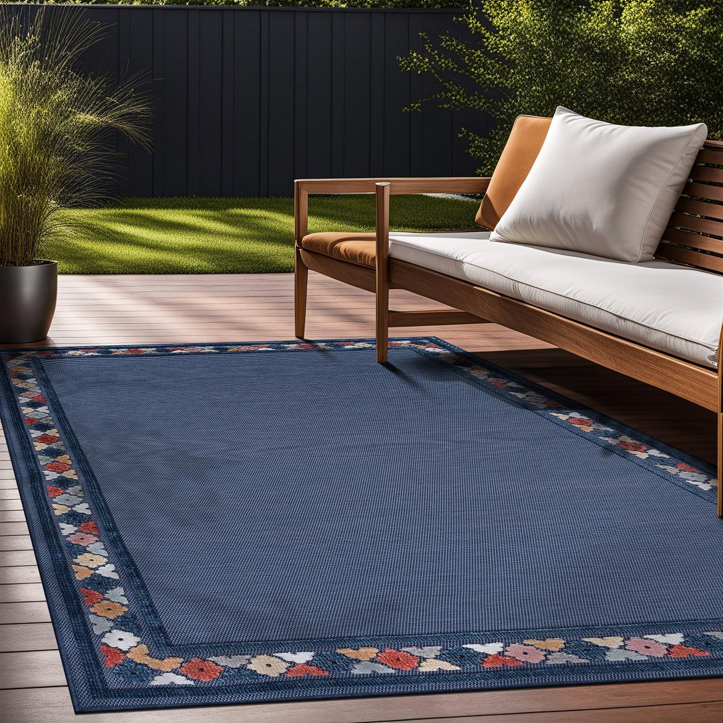 Beverly Rug Outdoor Rug 9x12 Modern Bordered Large Area Rugs for Indoor and Outdoor Patio Easy to Clean Non Shedding Living Room Porch Garden Washable Outside Carpet (9 x 12 Blue)