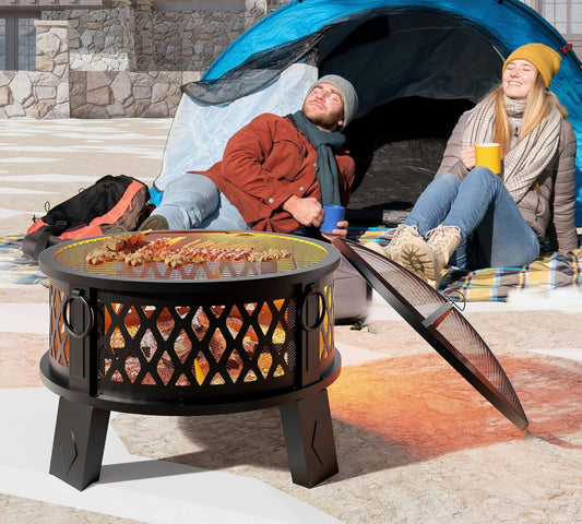 Fire Beauty 26" Steel Fire Pit with Grill & Diamond Mesh Design,360° Airflow Tech for 80% Less Smoke,XL Flames,Heavy-Duty Portable Outdoor Fire Bowl for Camping, Backyard, Beach (22lbs, 4 Handles)