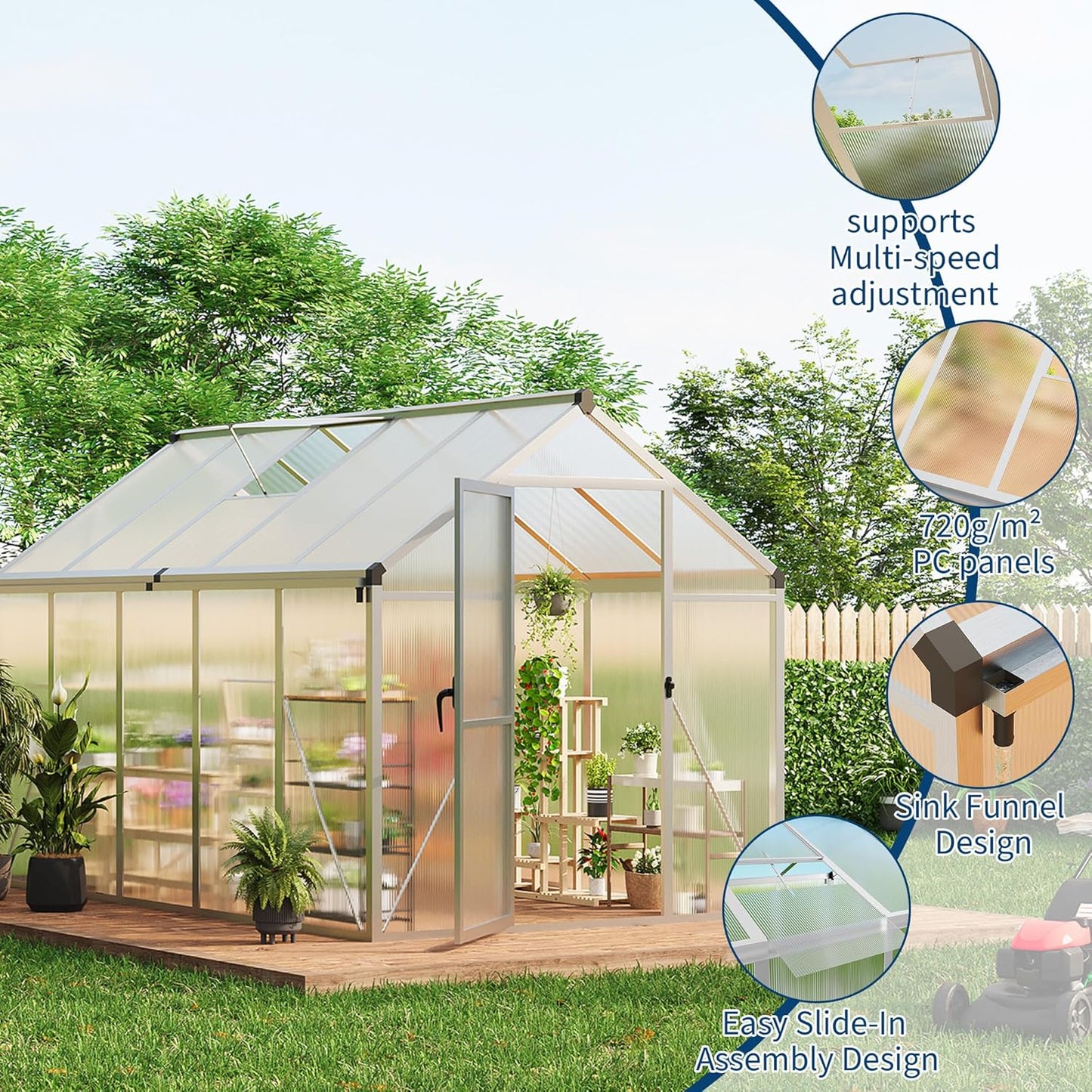 6 x 10 FT Greenhouse, Greenhouses for Outside, Polycarbonate Greenhouse with Aluminum Frame, Lockable Door and Ajustable Roof Vent for Backyard, Green Houses for Outside Garden Backyard, Patio