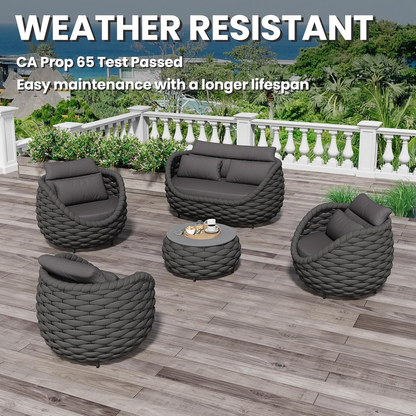 Fully Assembled Patio Furniture Set: 5 Pieces Woven Rope Outdoor Conversation Set Cushioned - Modern Metal Deck Loveseat Chair Table Set - Porch Seating For Yard Garden Poolside Hotel, Dark Grey