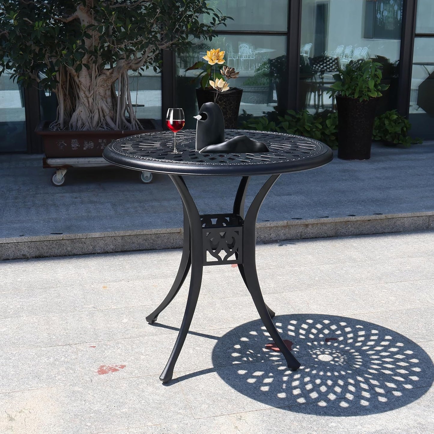 30.3 Inch Round Patio Table Cast Aluminum Patio Table,Metal Patio Dining Table with Umbrella Hole,All Weather Outdoor Bistro Dining Table for Backyard, Garden, Balcony, Black
