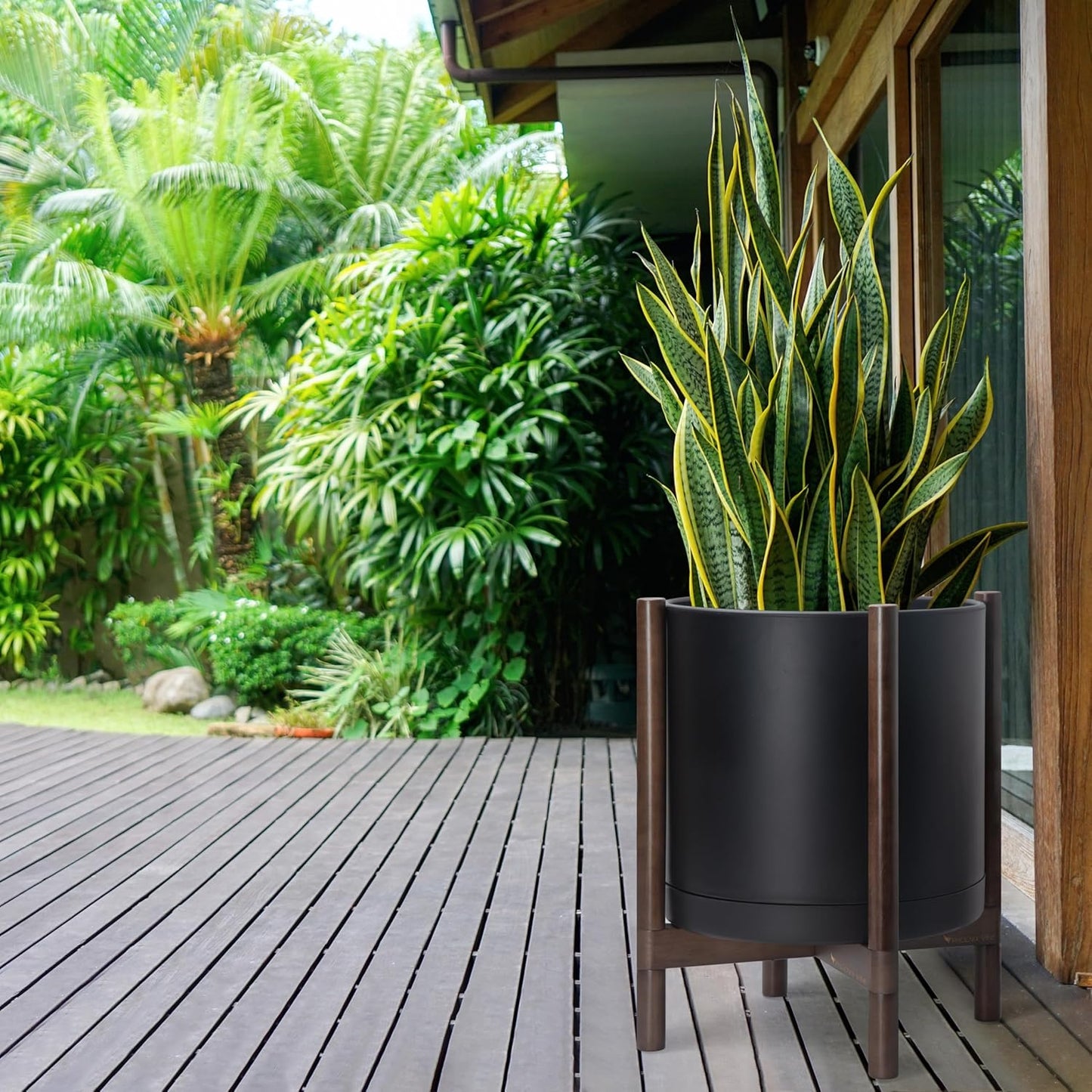 D'vine Dev Planter Pot with Stand - 16 Inch Plastic Cylinder Flower Pot with Wood Planter Holder for Indoor, Matte Black Pot + Walnut Color Stand, 55-C-X-2