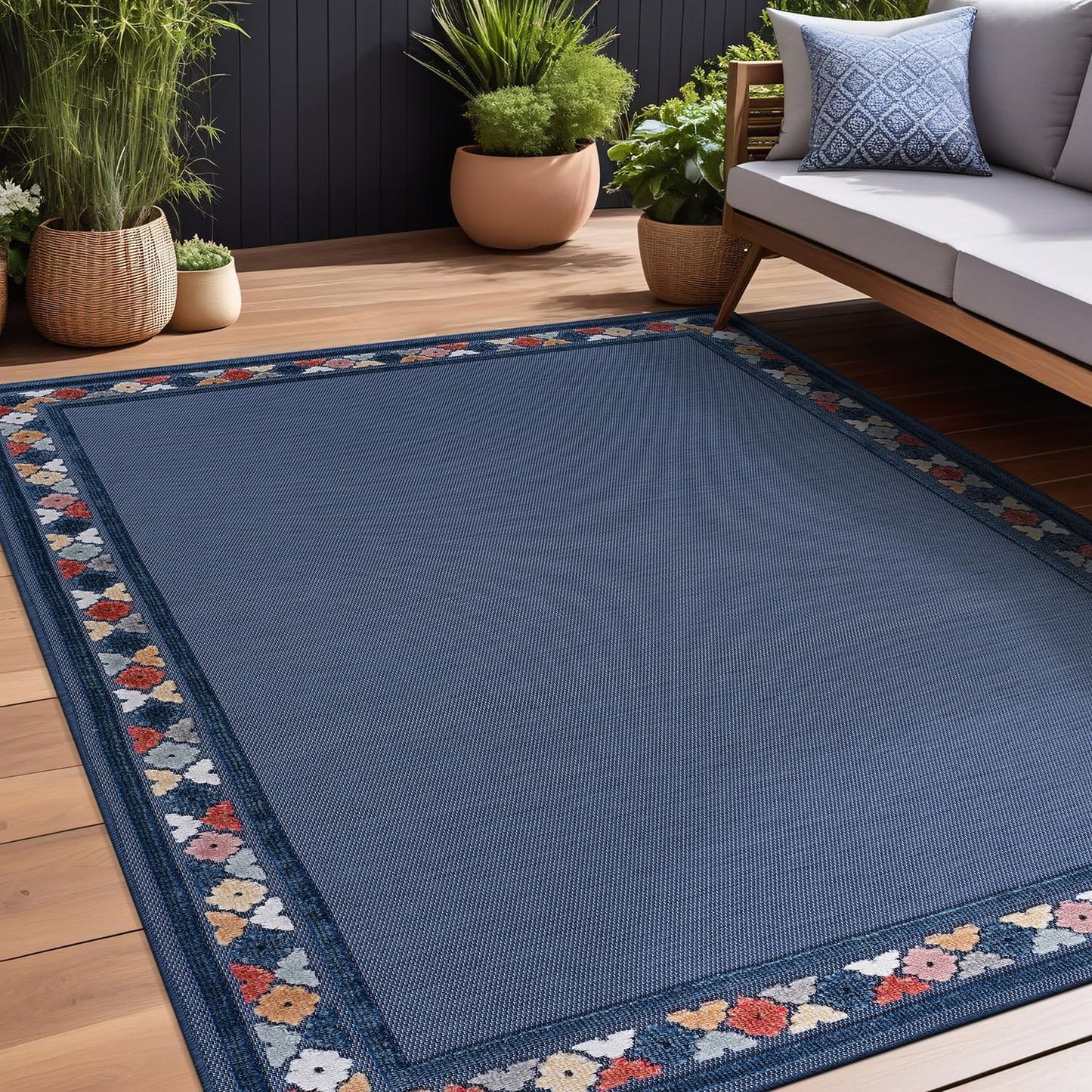 Beverly Rug Outdoor Rug 5x7 Modern Bordered Area Rugs for Indoor and Outdoor Patio Easy to Clean Non Shedding Living Room Porch Garden Washable Outside Carpet (5 x 7 Blue)