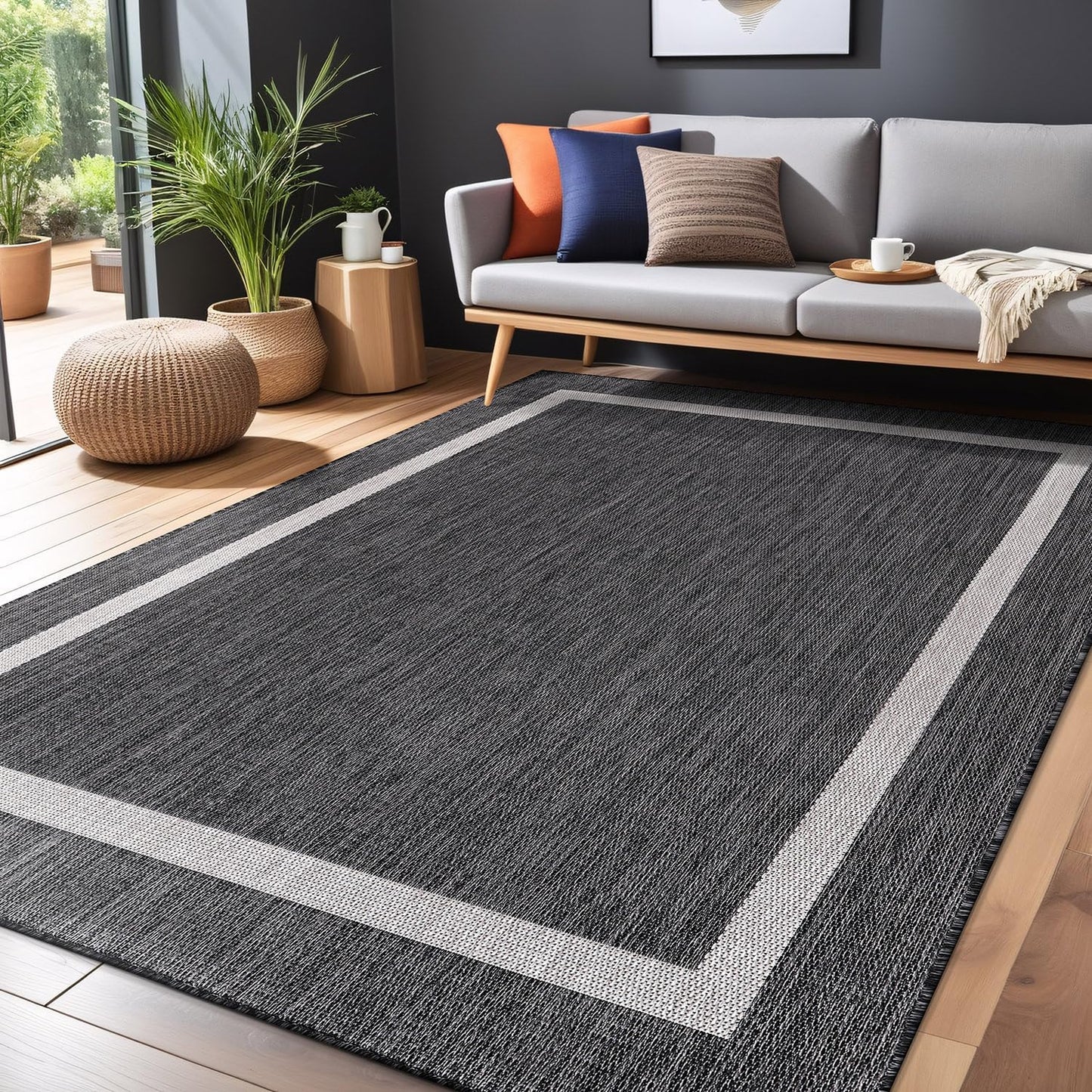 Bordered Outdoor Rug 9x12 Washable Outside Carpet for Indoor Patio Porch Waterproof Easy Cleaning Non Shedding Area Rugs Gray 9 x 12
