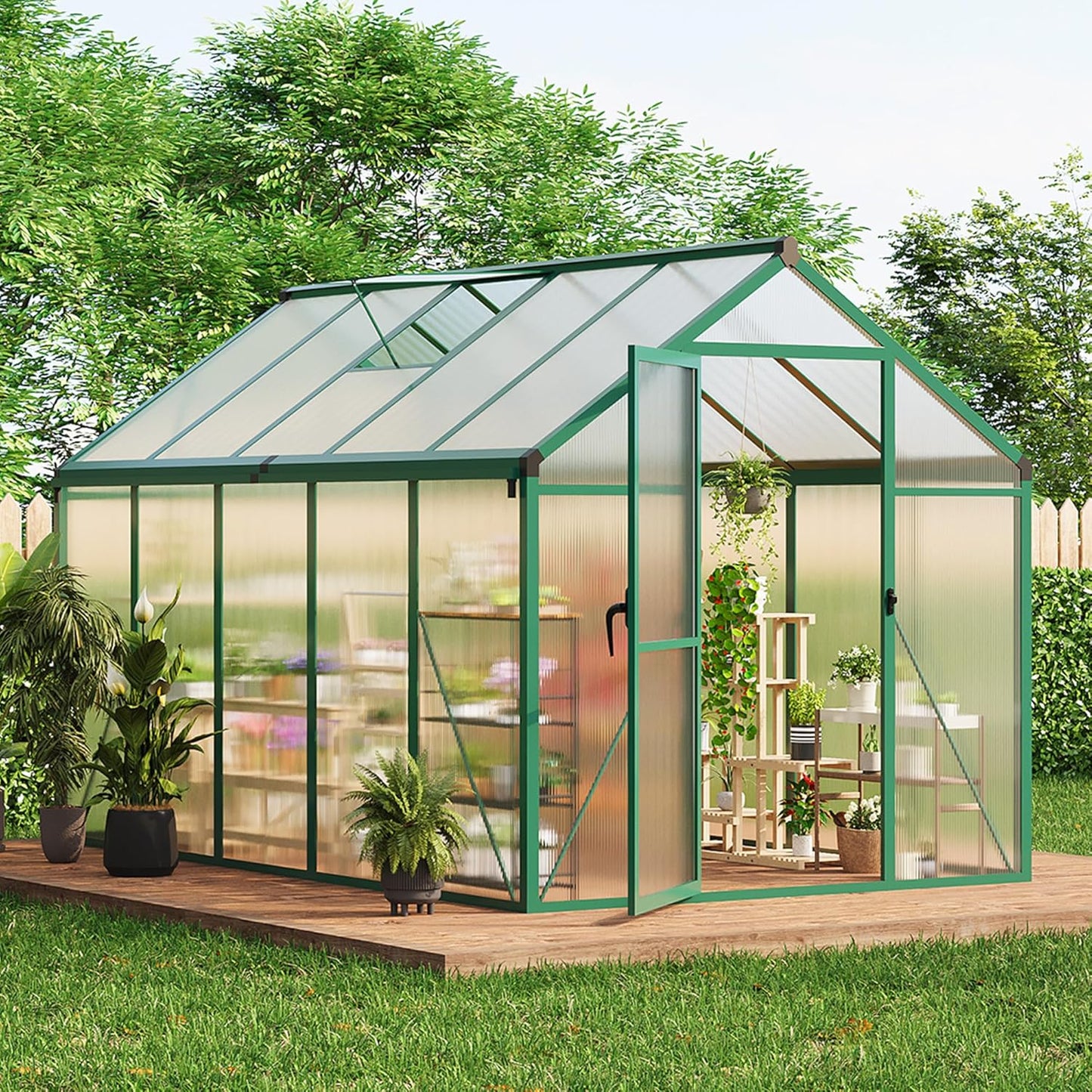 6x10 FT Greenhouse, Easy Assembly Aluminum Polycarbonate Greenhouses for Outdoors with Roof Vent and Ground Nails, Heavy Duty Aluminum Walk-in Greenhouse for Backyard, Sliding Lockable Door, Green