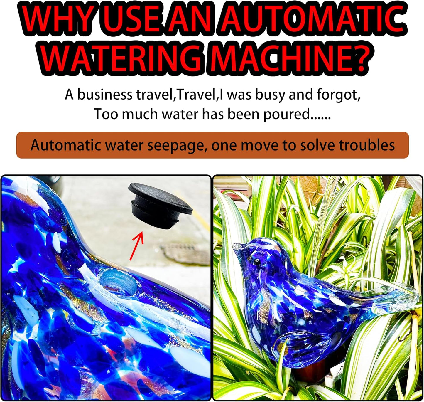 Glass Bird Shaped Plant Watering Ball Glass Automatic Watering Ball Flower Pot Insertion Spike Drip Irrigation Device Watering Ball Irrigation System Plant Enthusiast Gift (Red)