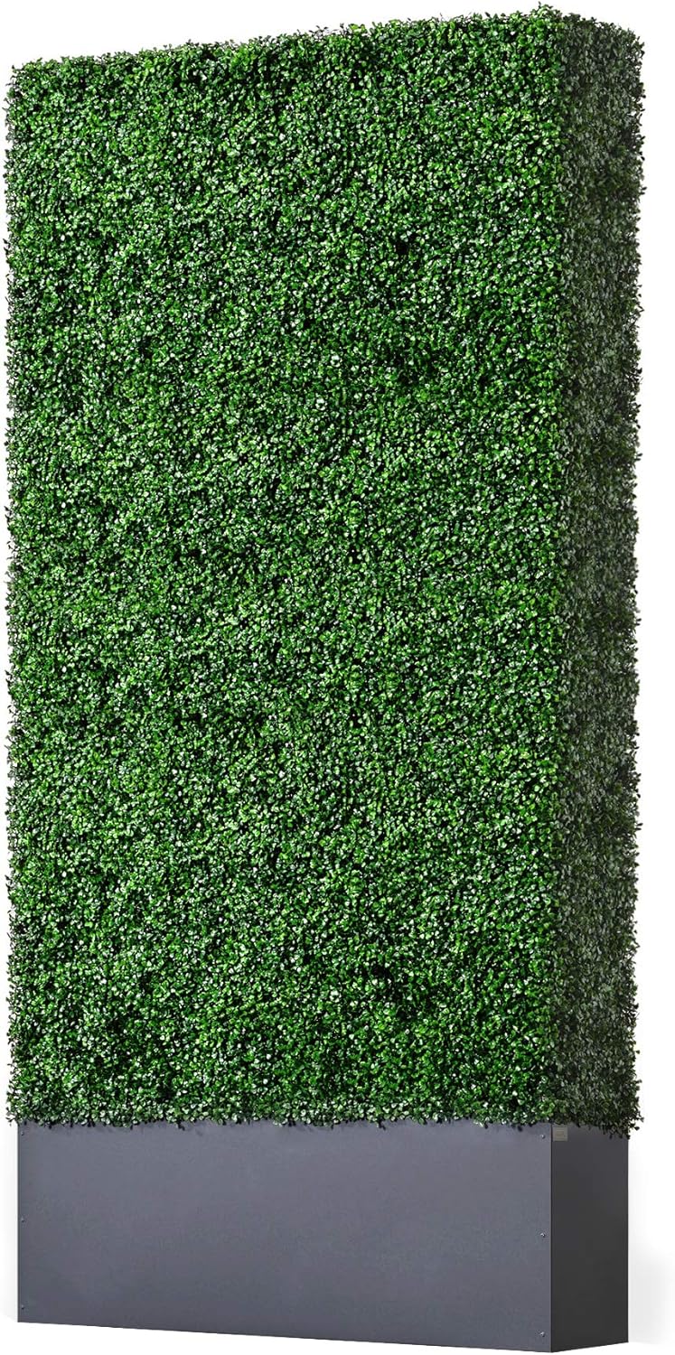 AGPL Upgraded Artificial Boxwood Hedge Wall with Dark Gray Stainless Steel Planter (96" Height 48" Width 12" Deep) Outdoor and Indoor Backdrop Divider Privacy Screen and Decorative Wall