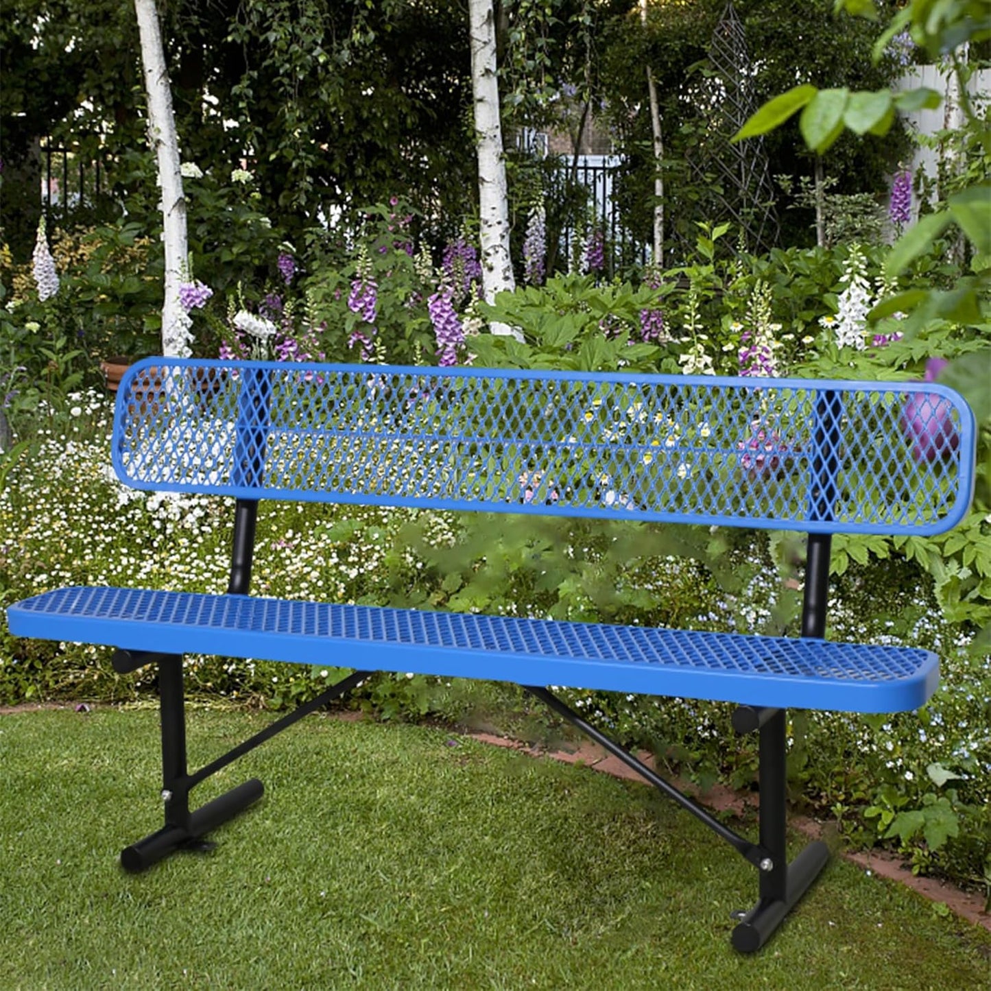 6FT Outdoor Benches Heavy Duty Park Bench with Back Portable Frame, Blue Metal Steel Bench, Outdoor Garden Bench Expanded Metal Mesh Bench for Lawn, Park, Deck, Garden, Patio, Porch, Black (Blue, 6FT)