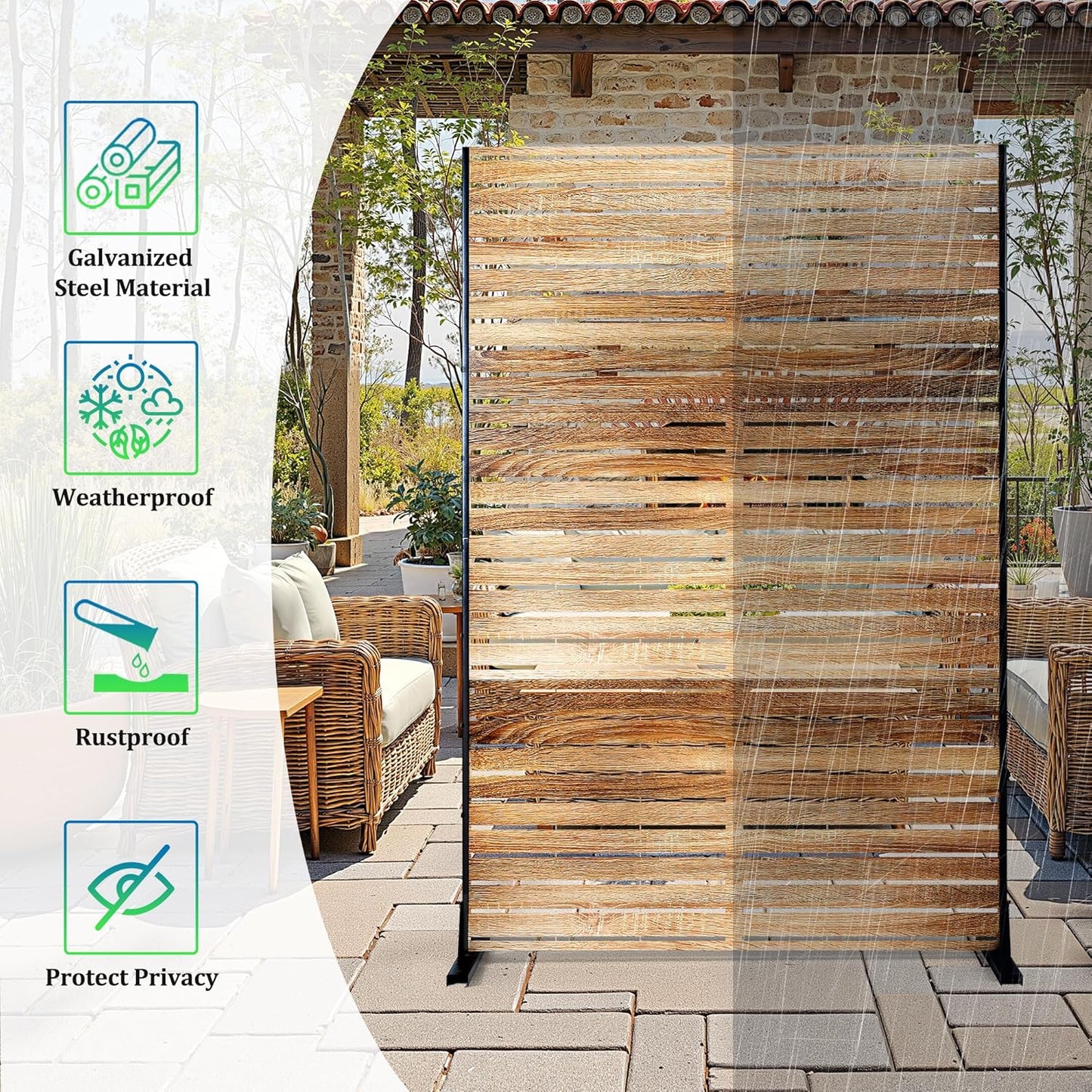 FENCY Outdoor Privacy Screen, 72" H×47" W Metal Patio Privacy Screen, Freestanding Decorative for Deck Balcony Patio Natural Wood Color