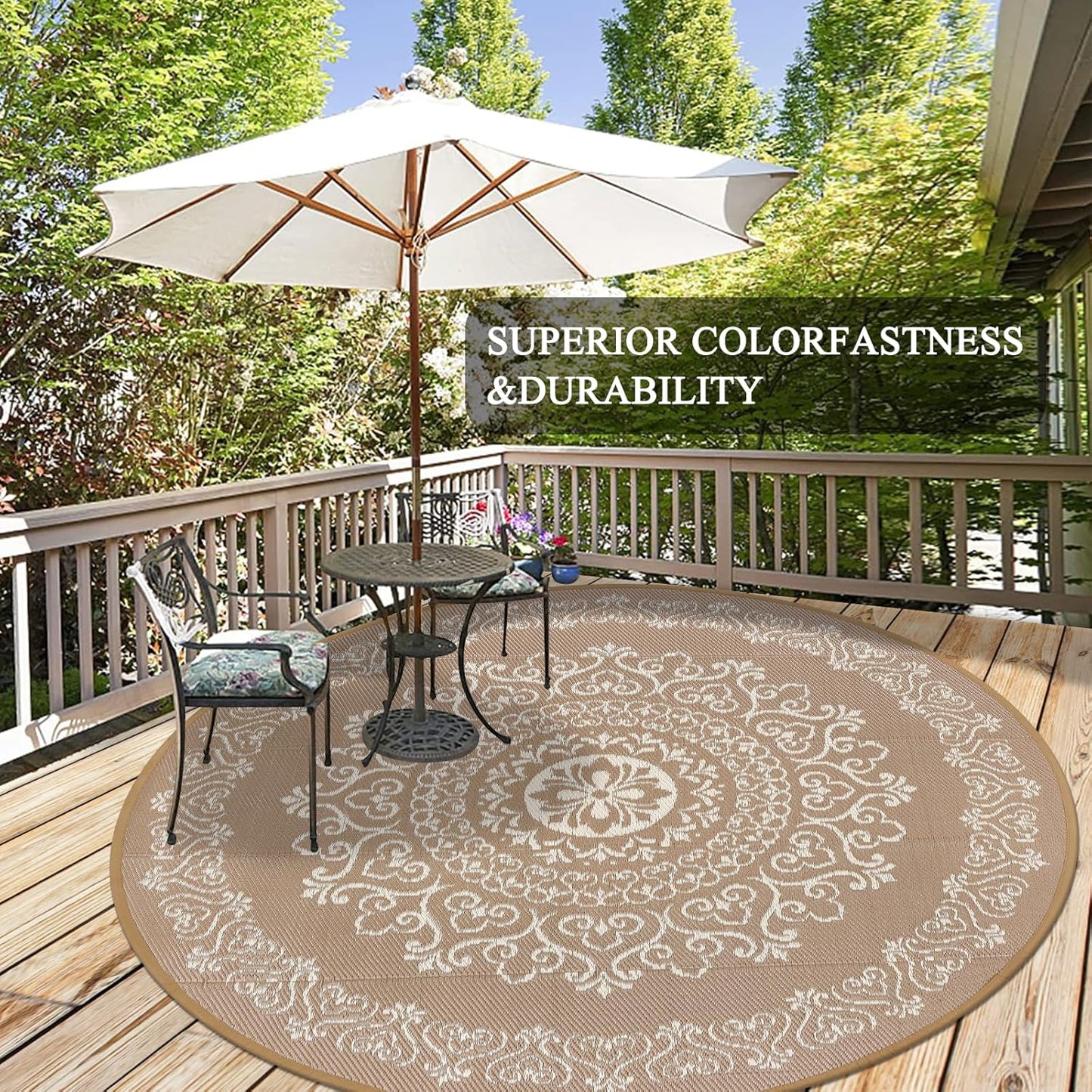 Pauwer Waterproof Outdoor Rug 8ft, Reversible Plastic Straw Patio Camping Rug, Indoor Outdoor RV Mat Carpet for Deck, Camper, Porch, Balcony, Backyard, Picnic, Floral Brown