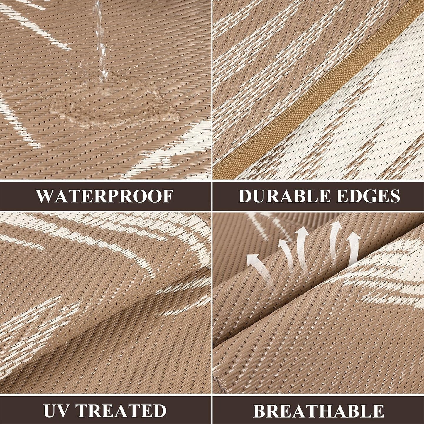 Pauwer Waterproof Outdoor Rug 8x10, Reversible Plastic Straw Patio Camping Rug, Indoor Outdoor RV Mat Carpet for Deck, Camper, Porch, Balcony, Backyard, Picnic, Leaf Brown