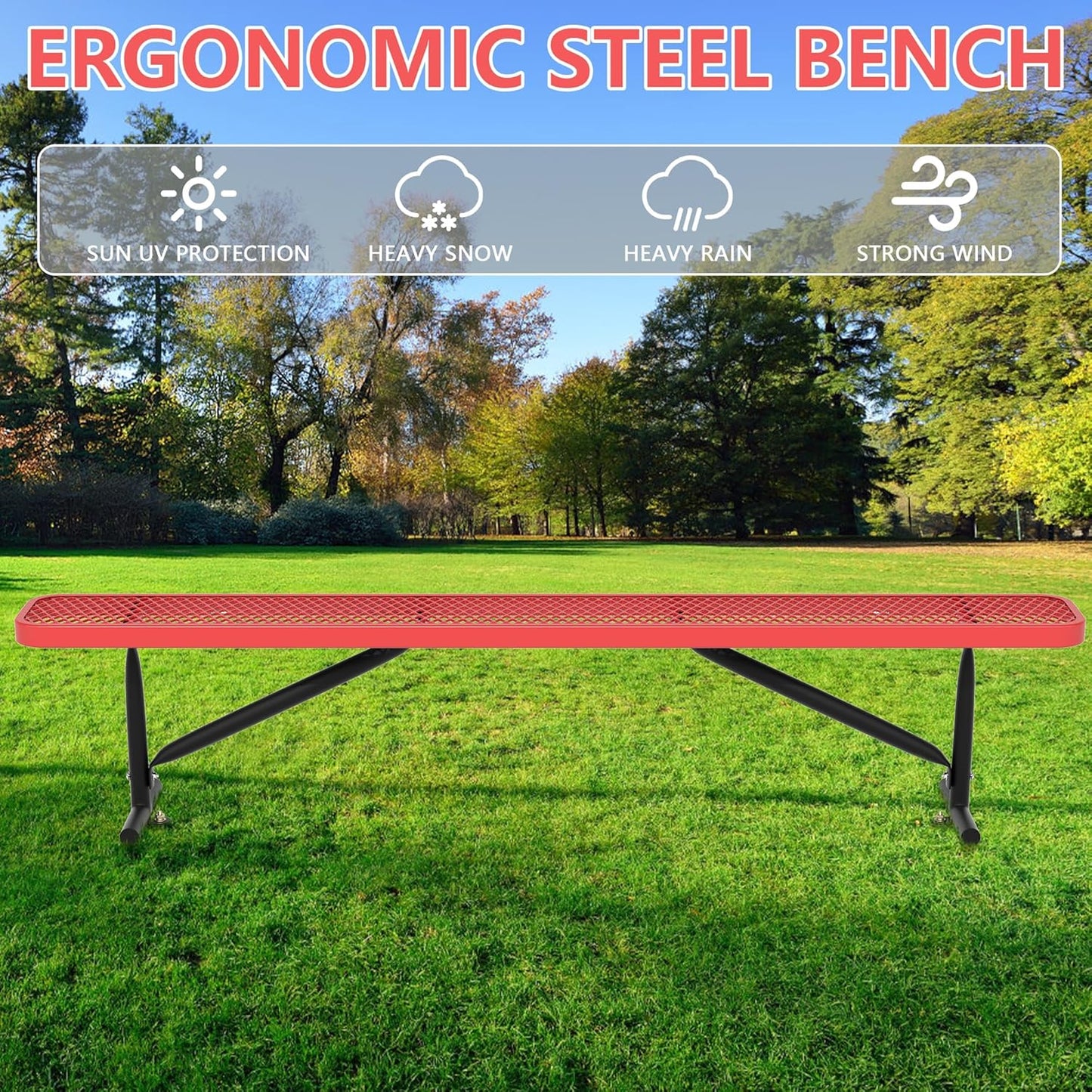 48" L Outdoor Steel Flat Bench, Heavy Duty Metal Park Bench for Outside, Expanded Metal, Commercial Benches Mesh Bench for Shopping Mall, Store, Lawn, Park, Patio, Deck, Garden (Red, 8FT)