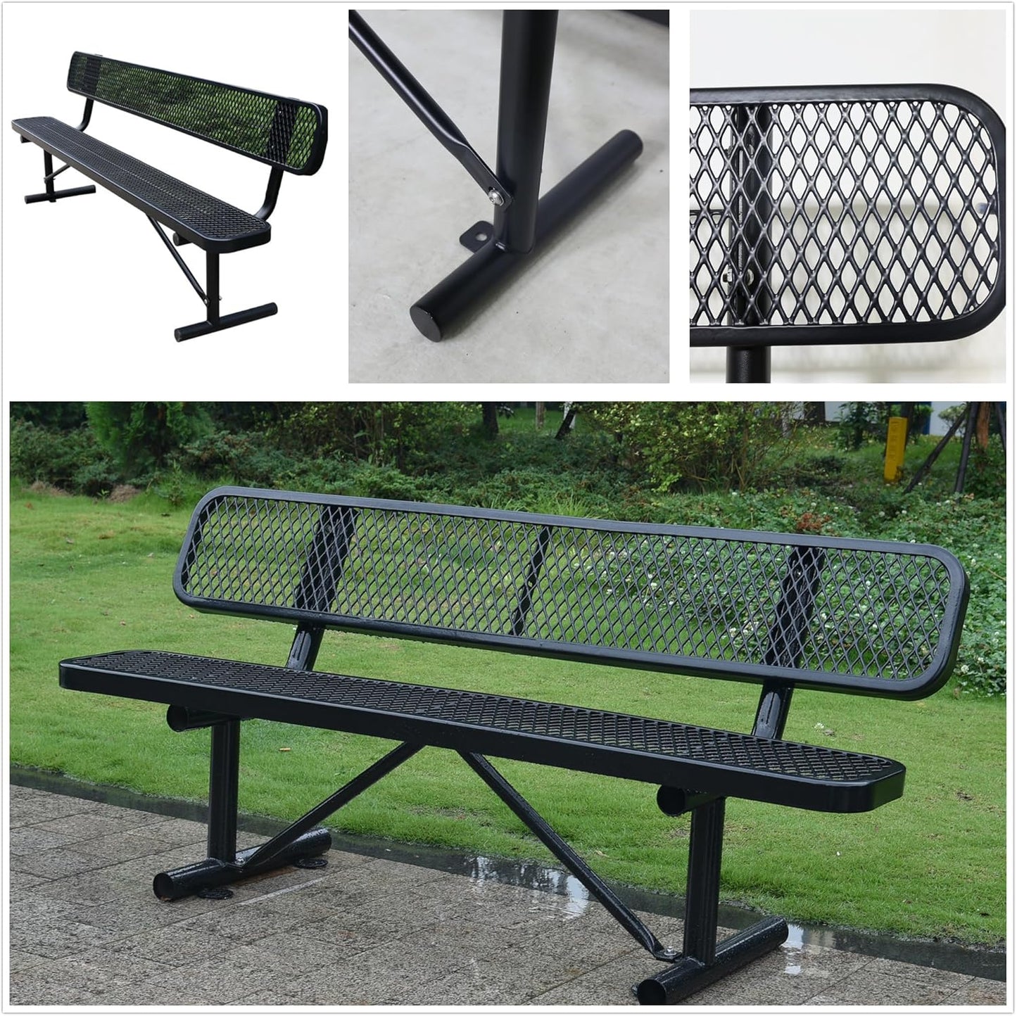6 FT Heavy Duty Park Bench, Outdoor Metal Black Bench with Back-Commercial Steel Benches for Outside, 2-4 Person Seat-Garden Benches with Portable Frame for Outdoors