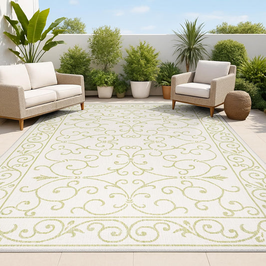 JONATHAN Y SMB106I-9 Charleston Vintage Filigree Textured Weave Indoor Outdoor Area Rug, Coastal,Traditional,Transitional Easy Clean,Bedroom,Kitchen,Backyard,Patio, Non-Shed, Cream/Green, 9 X 12