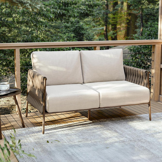 EAST OAK Outdoor Furniture | Life Chatter Loveseat | 2 Seater Sofa with 6.7" Thick Washable Cushions | Deep Seating Patio Furniture for Garden, Porch, Balcony & Backyard | Chestnut & Apricot
