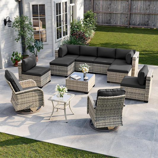 12-Piece Patio Furniture Set, Outdoor Patio Furniture with Swivel Chairs Set, Ottomans, Modular Patio Sofa, Dual-Strand Wicker Rattan, Rust-Resistant Frame, Black