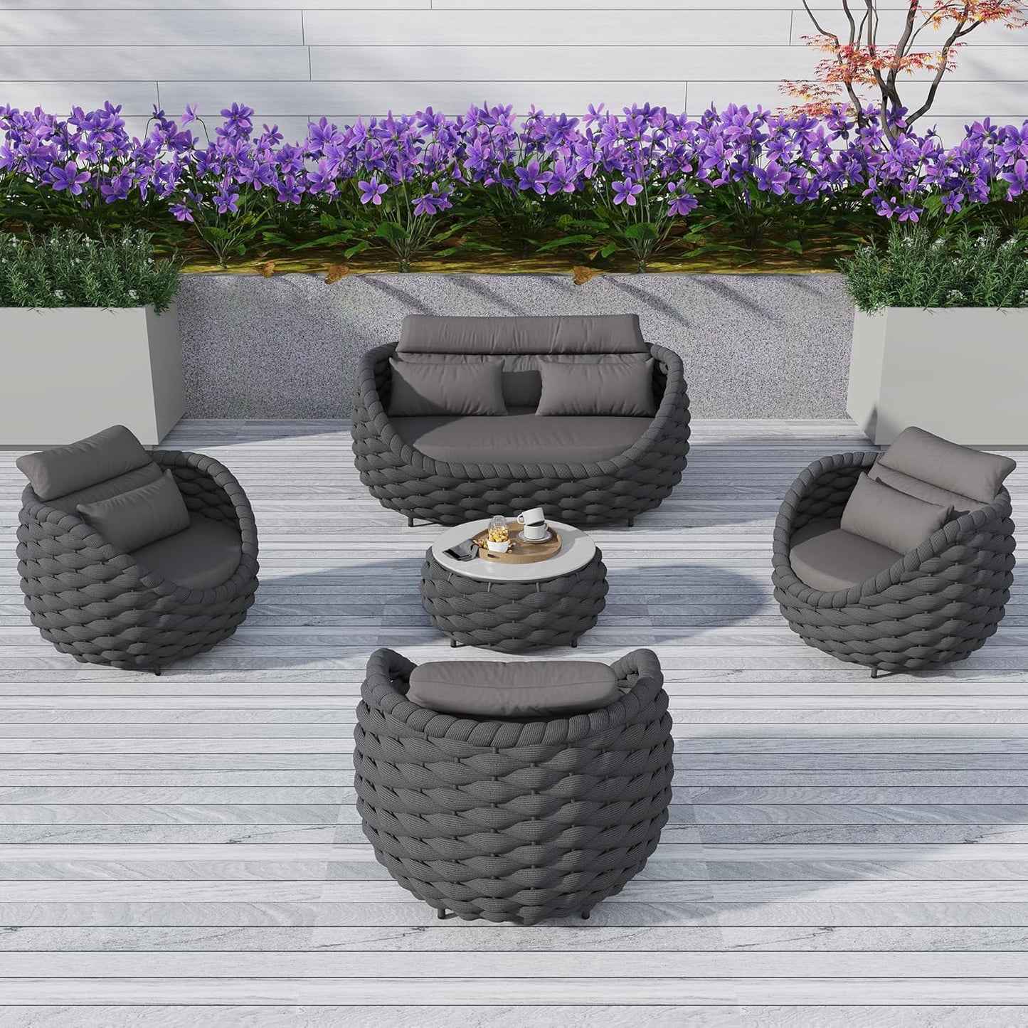 5 Pieces Patio Furniture Set, Outdoor Rope Conversation Sectional Patio Sofa with 5 Seater for Backyard, Porch, Modern Armchairs with Thickness Cushions and Side Table, Dark Grey