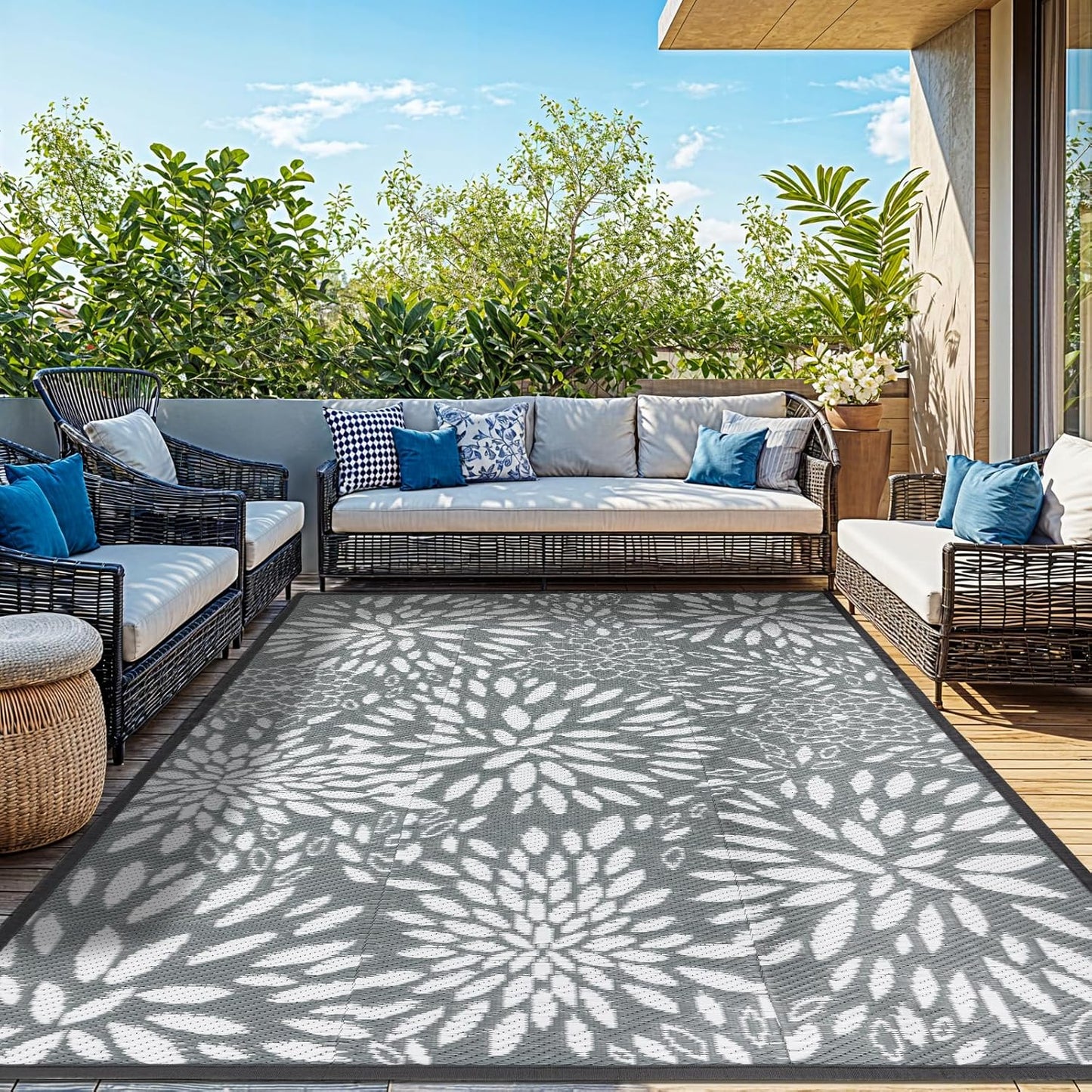 8'x10' Reversible Outdoor Rug - Eco-Friendly Plastic Straw Rug-Heavy-Duty Waterproof Mat, UV & Fade Resistant for Patio, Camping, RV, Deck, Balcony(8x10,Gray&Floral)