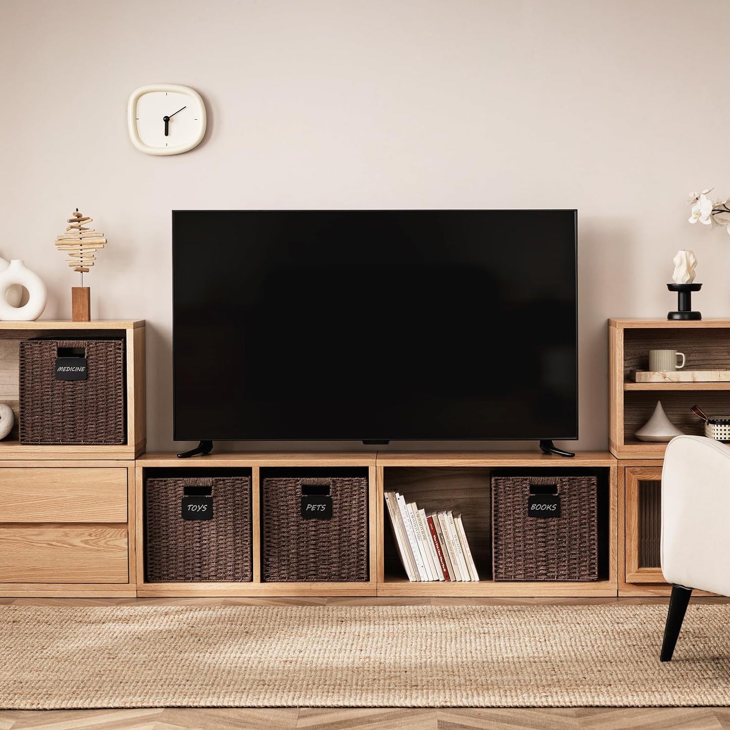 UBBCARE 4 Pack Wicker Basket, 13×13 Storage Cubes with Label, Foldable Cube Storage Bin with Handle, Square Storage Basket for Shelves, Woven Paper Rope Basket for Organizing, Brown