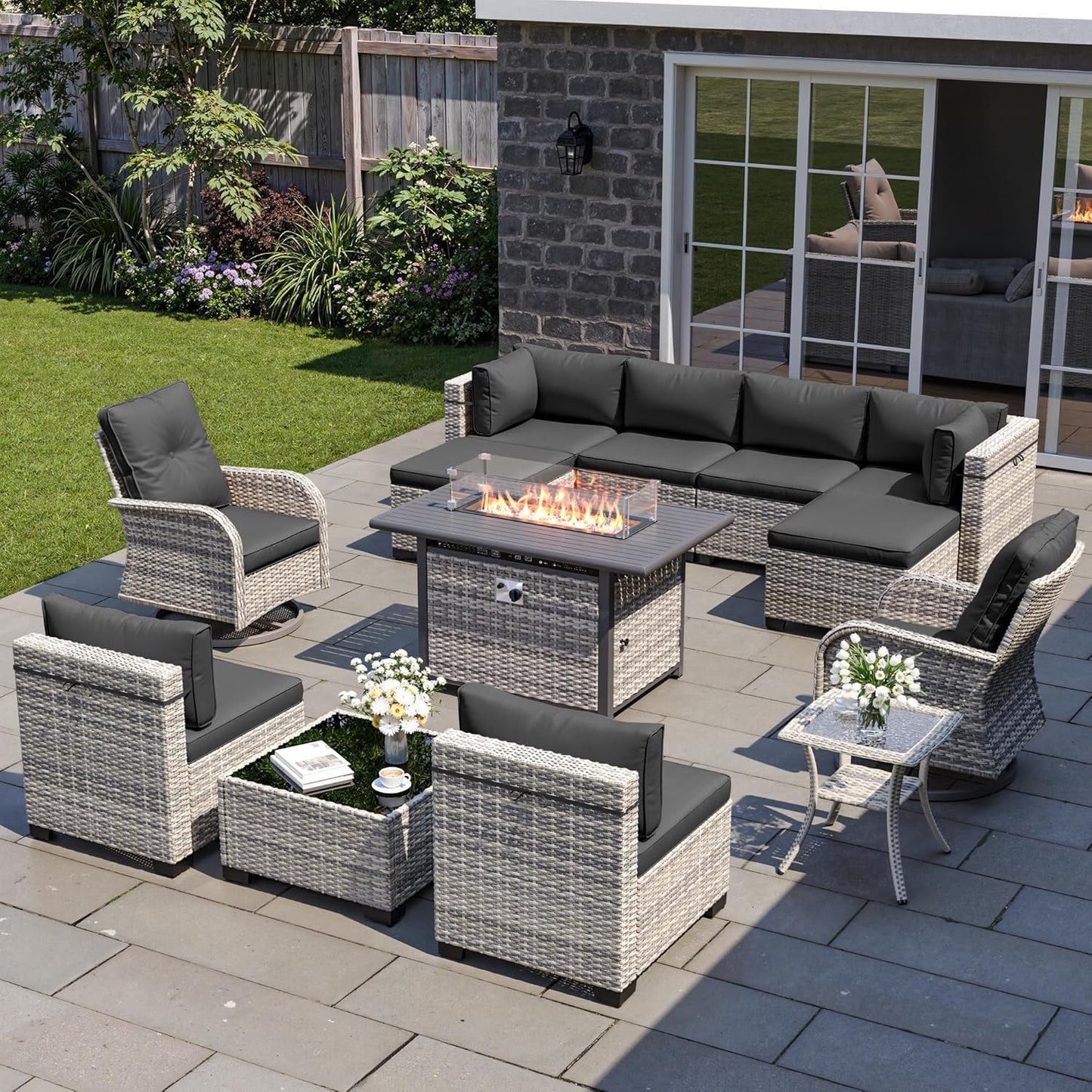 13-Piece Patio Furniture Set, Outdoor Patio Furniture with Swivel Chairs Set, Ottomans, 55,000 BTU Fire Pit Table, Modular Patio Sofa, Dual-Strand Wicker Rattan, Rust-Resistant Frame, Black