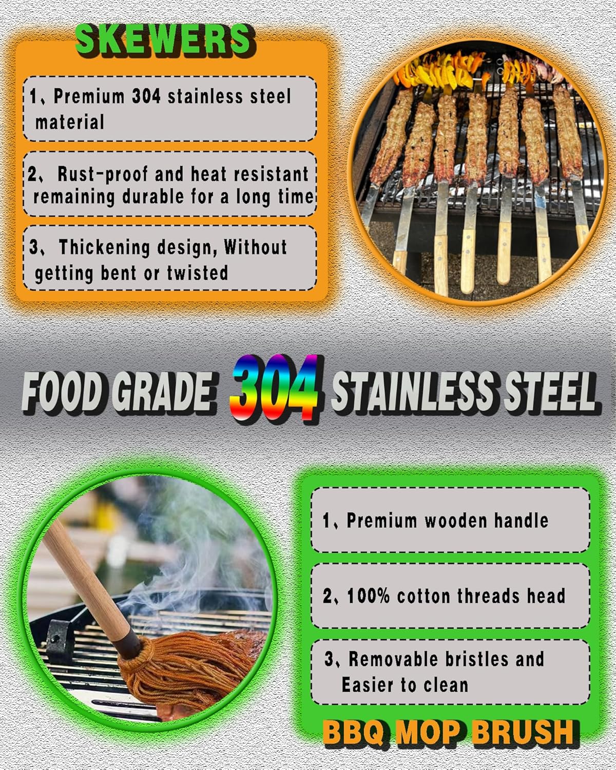 23.5" Long Skewers for Grilling,1 Inch Wide,304 Stainless Steel Skewer for Kabobs with Wood Handle,Heavy-Duty Metal Flat Barbecue Skewer Set Includes 4PCS BBQ Skewers,1PCS BBQ Mop Brush