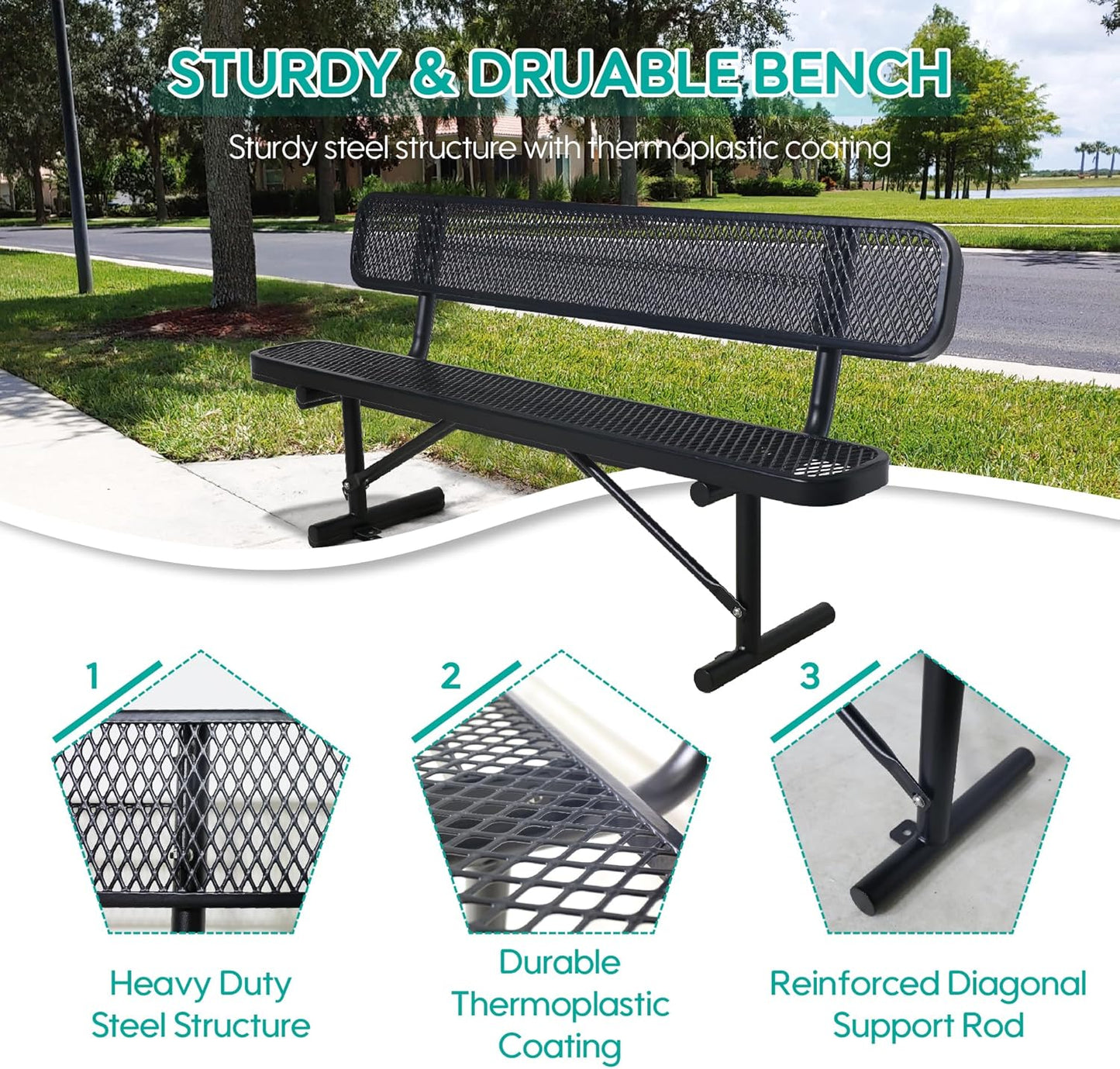6 Feet Heavy Duty Metal Park Bench for Outside, Outdoor Bench with Backrest & Portable Frame, Commercial Benches for Shopping Malls, Stores, Parks, Patios, Decks, Black