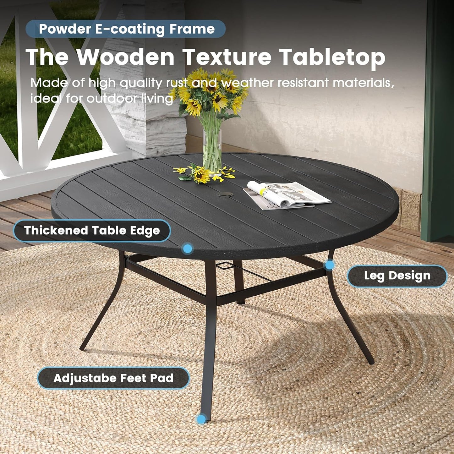 DIFY Round Outdoor Patio Dining Table for 8, 56.3" Patio Table with All-Weather Faux Wood Tabletop and Metal Steel Frame, Outside Table for Garden Porch Backyard, Black Tabletop