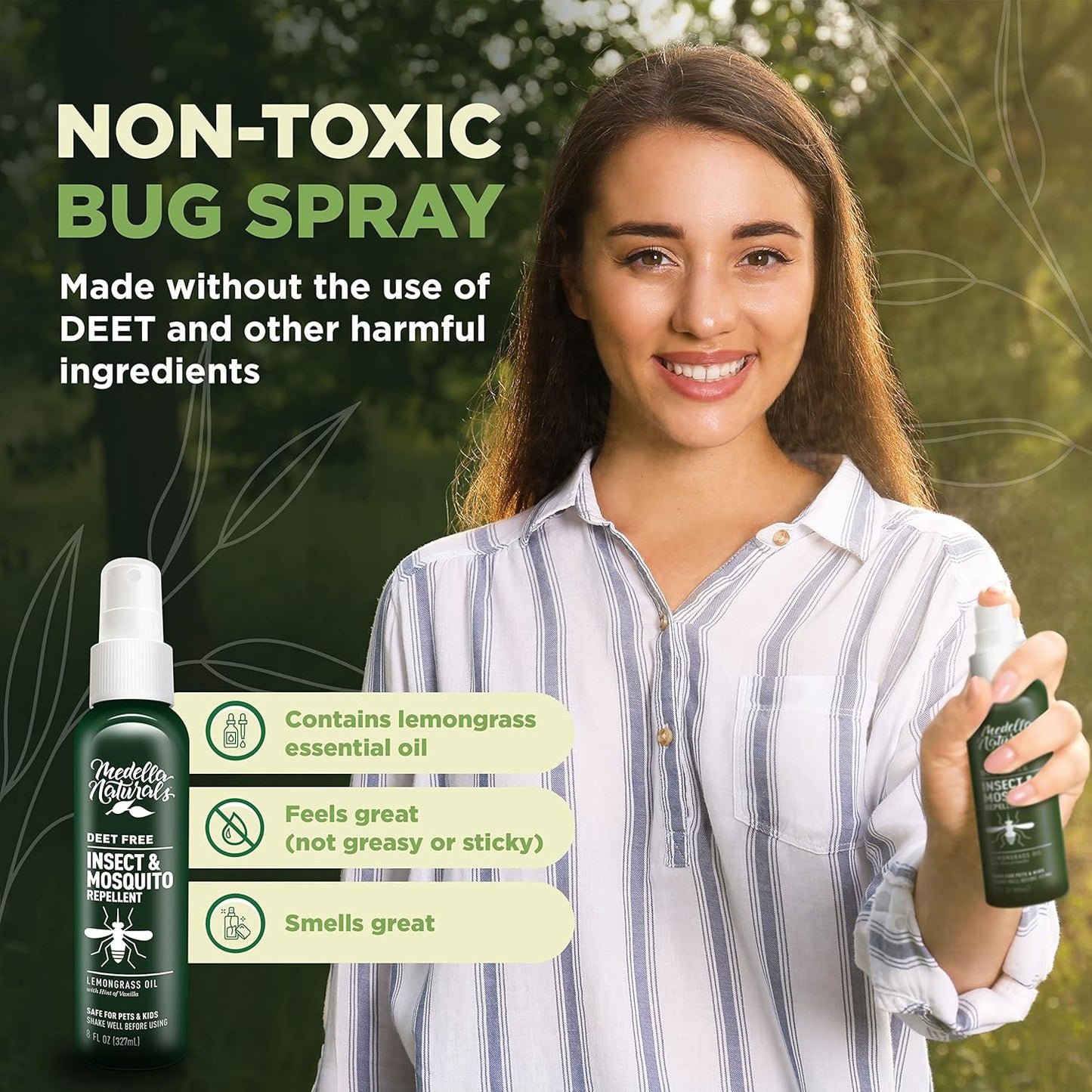 Deet-Free Insect & Mosquito Repellent 8oz – Nice Smelling Insect Repellent with Lemongrass Oil Safe for Pets and Kids – Bug Spray Against Mosquitoes, Gnats, Black Flies, No-See-ums, and Other Insect